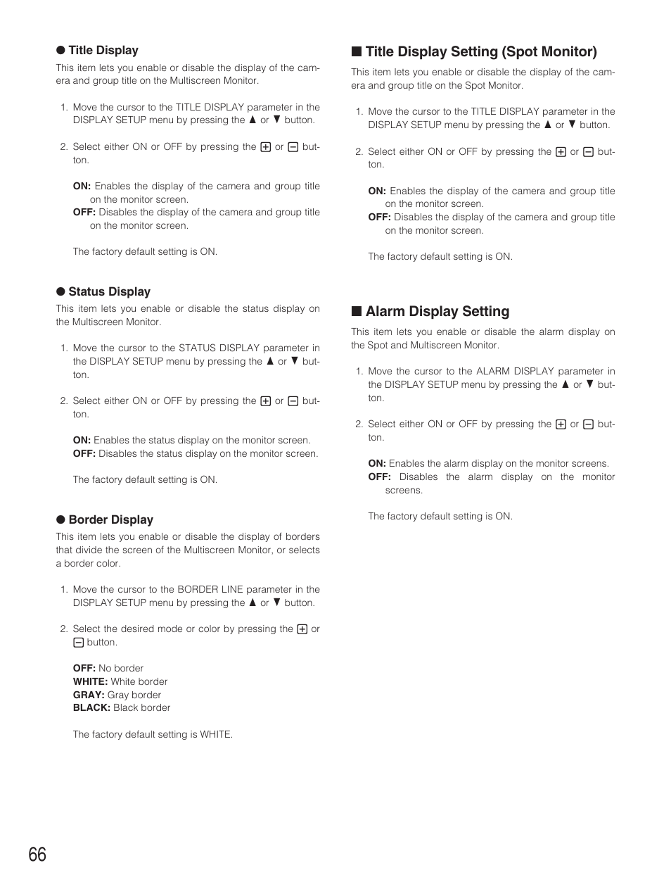 Title display setting, Alarm display setting, Title display setting (spot monitor) | Panasonic WJ-HD500B User Manual | Page 66 / 104
