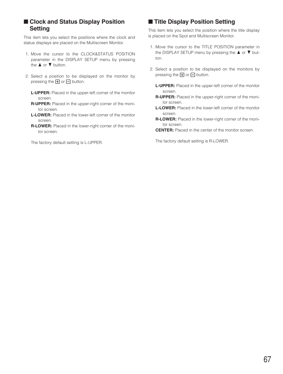 Clock and status display position, Title display position setting, Clock and status display position setting | Panasonic WJ-HD500B User Manual | Page 67 / 104