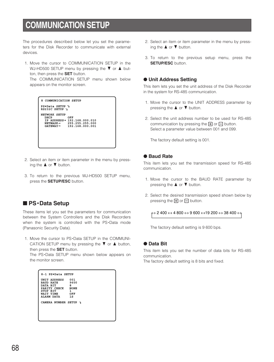 Communication setup, Ps•data setup, Data setup | Panasonic WJ-HD500B User Manual | Page 68 / 104