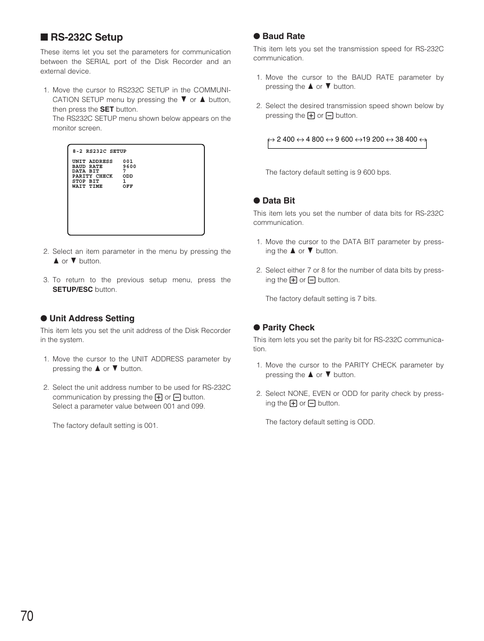 Rs-232c setup | Panasonic WJ-HD500B User Manual | Page 70 / 104