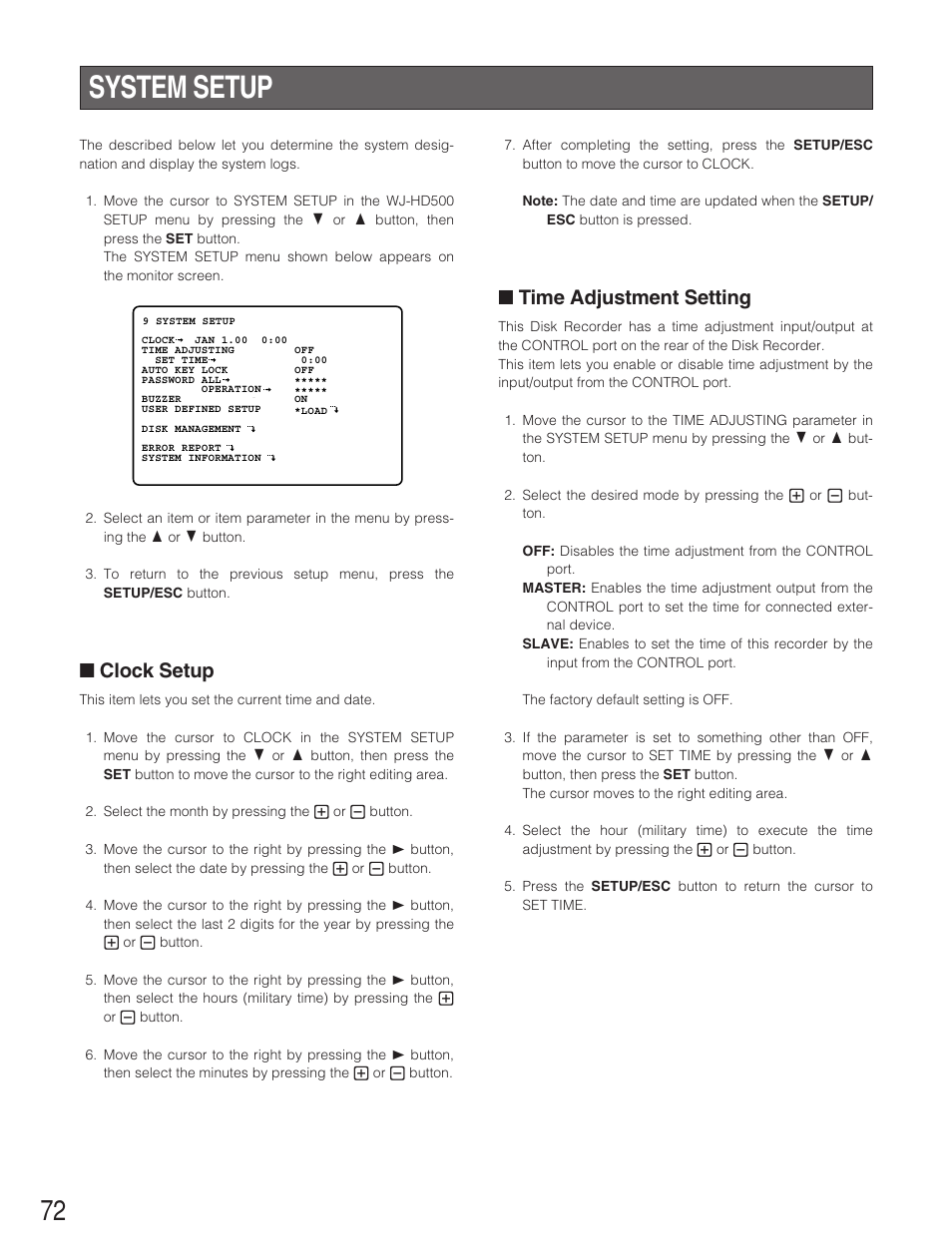 System setup, Clock setup, Time adjustment setting | Panasonic WJ-HD500B User Manual | Page 72 / 104