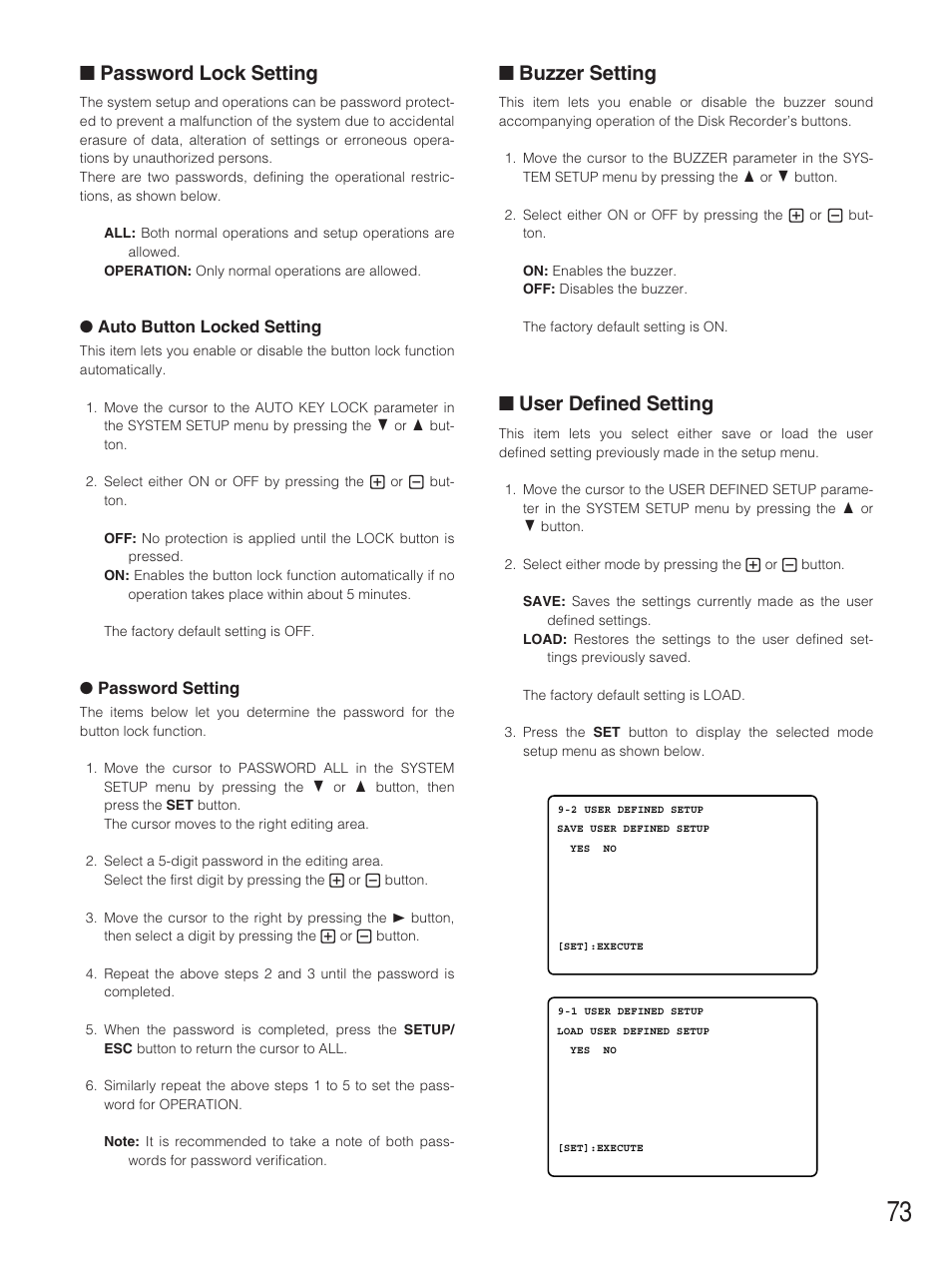 Password lock setting, Buzzer setting, User defined setting | Panasonic WJ-HD500B User Manual | Page 73 / 104