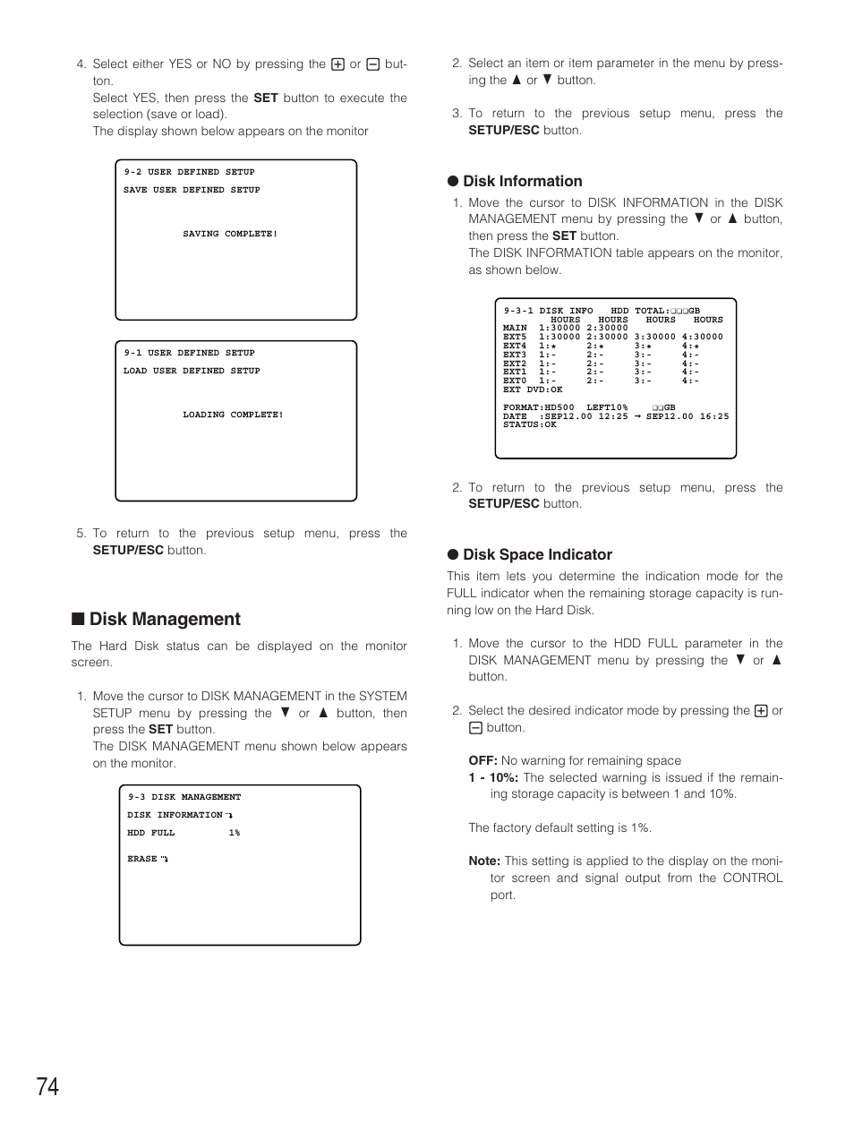 Disk management, Disk information, Disk space indicator | Panasonic WJ-HD500B User Manual | Page 74 / 104