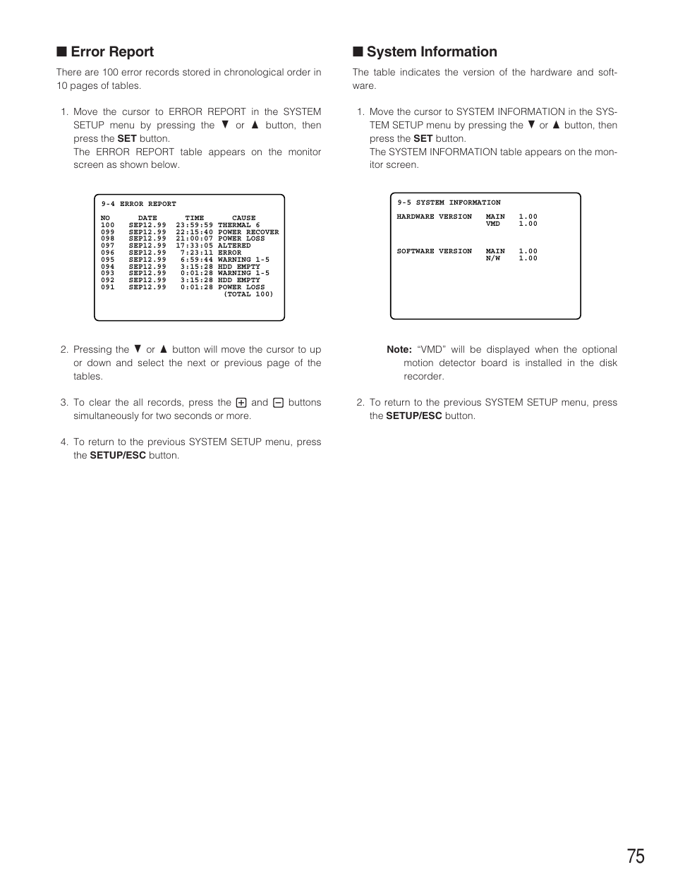 Error report, System information | Panasonic WJ-HD500B User Manual | Page 75 / 104