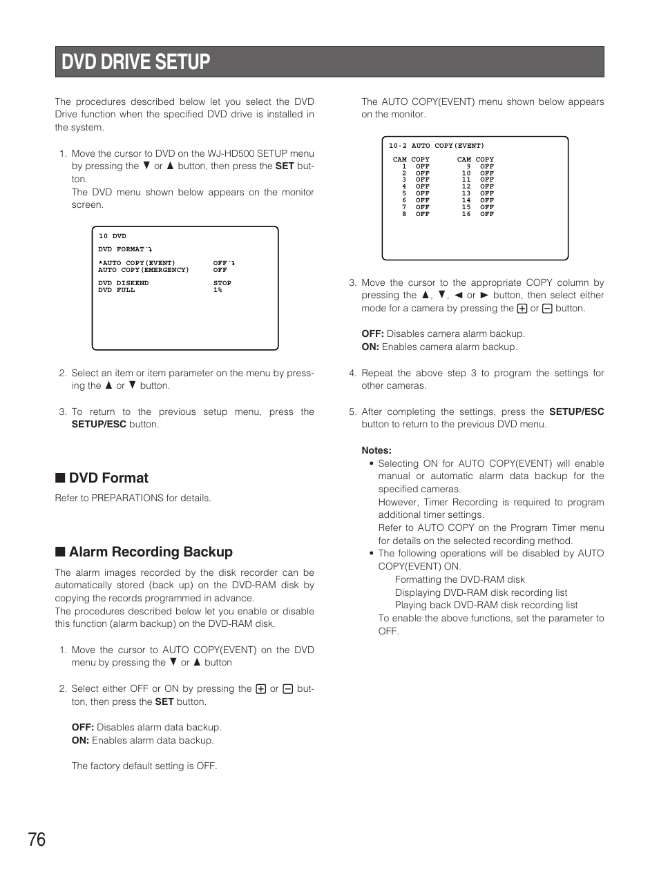 Dvd drive setup, Dvd format, Alarm recording backup | Panasonic WJ-HD500B User Manual | Page 76 / 104