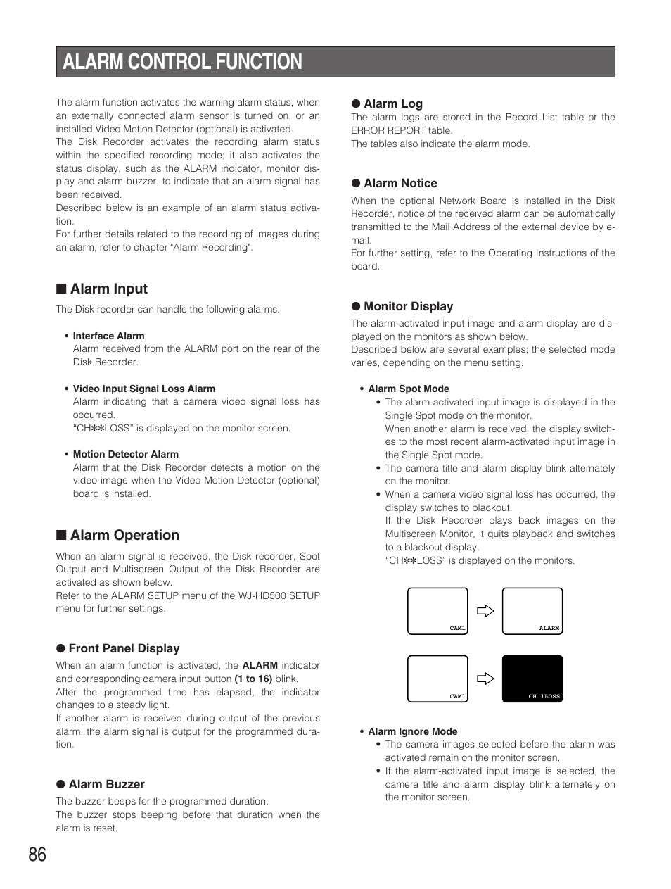 Alarm control function, Alarm input, Alarm operation | Panasonic WJ-HD500B User Manual | Page 86 / 104