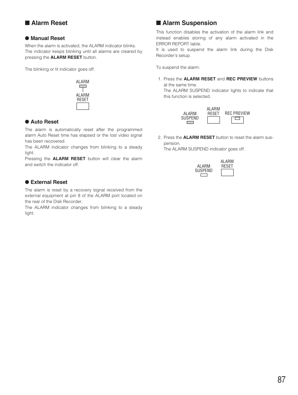 Alarm reset, Alarm suspension | Panasonic WJ-HD500B User Manual | Page 87 / 104