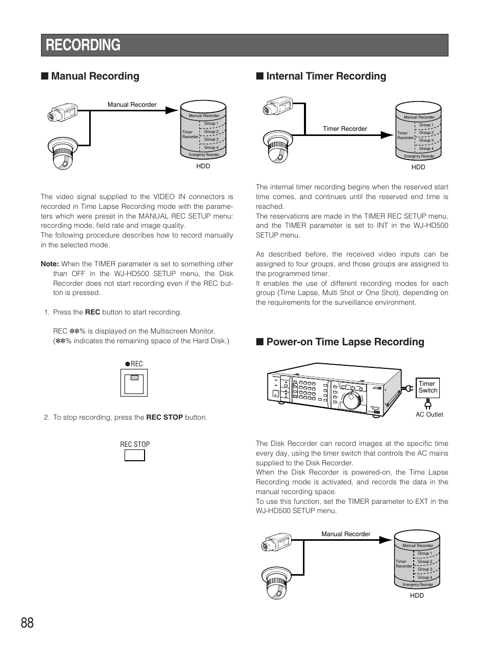 Recording, Manual recording, Internal timer recording | Power-on time lapse recording, Rec rec stop | Panasonic WJ-HD500B User Manual | Page 88 / 104