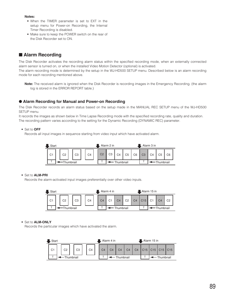 Alarm recording, Alarm recording for manual and power-on recording | Panasonic WJ-HD500B User Manual | Page 89 / 104