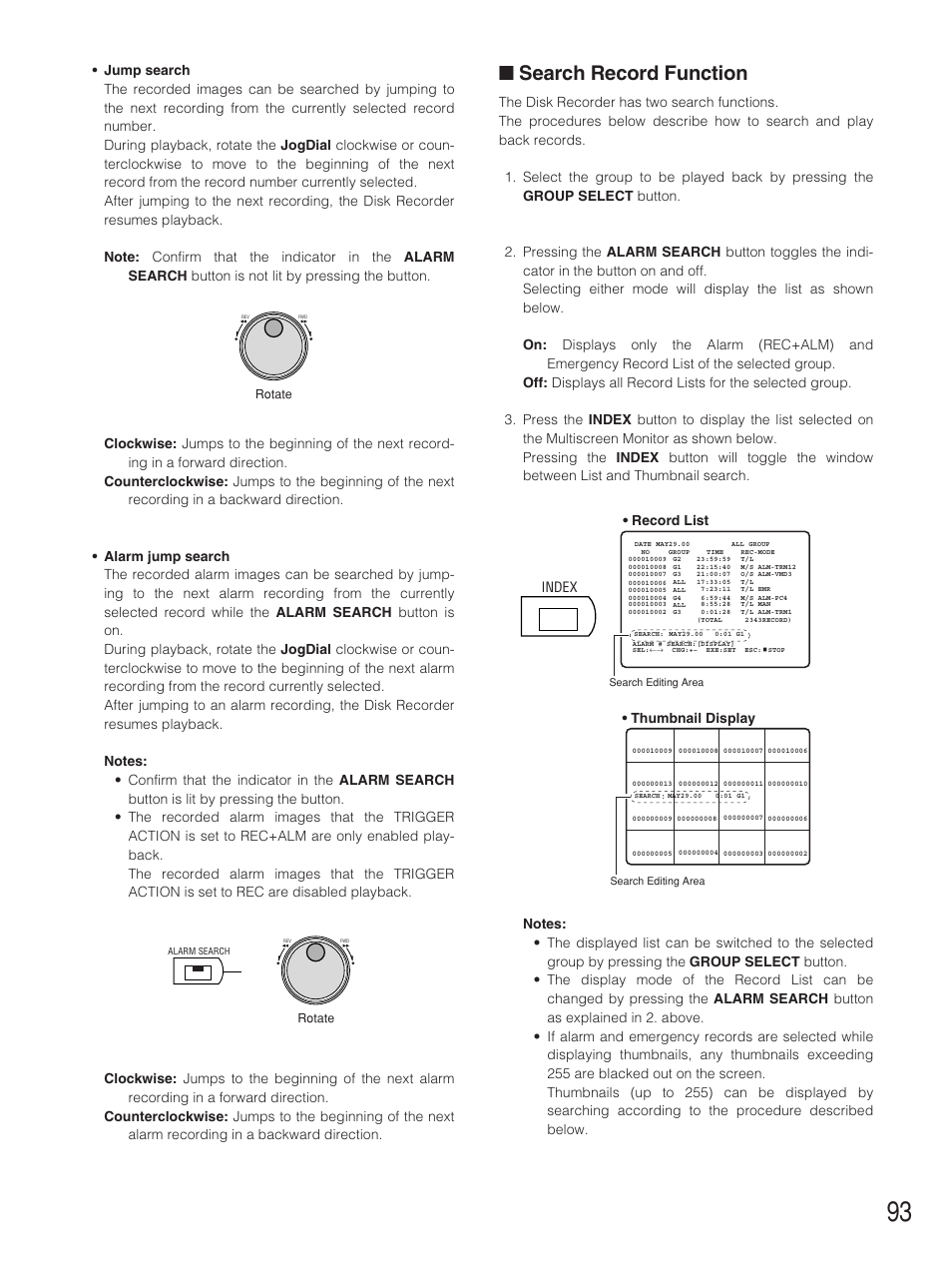 Search record function, Thumbnail display, Record list | Panasonic WJ-HD500B User Manual | Page 93 / 104