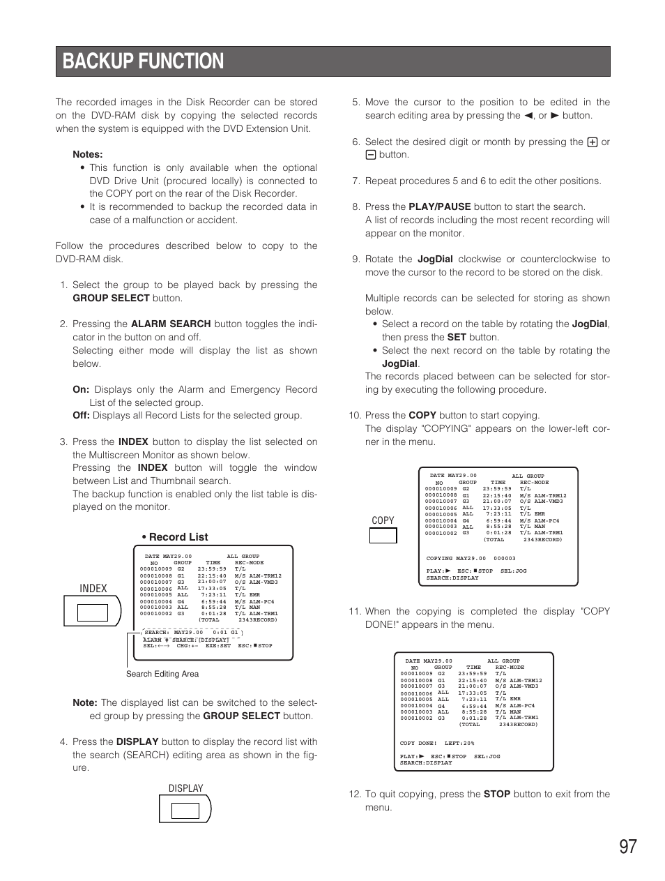 Backup function, Index, Record list | Display copy | Panasonic WJ-HD500B User Manual | Page 97 / 104