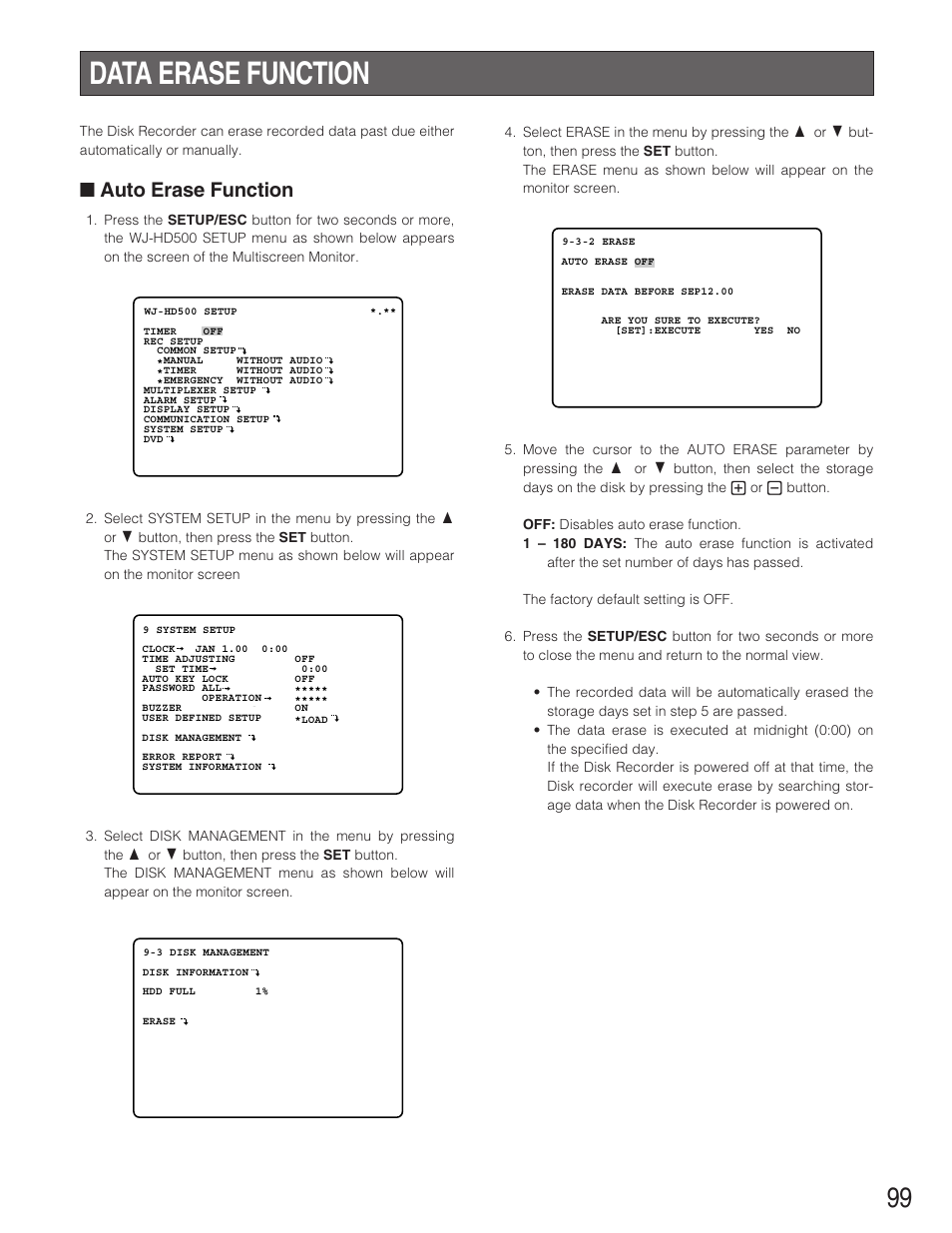 Data erase function, Auto erase function | Panasonic WJ-HD500B User Manual | Page 99 / 104