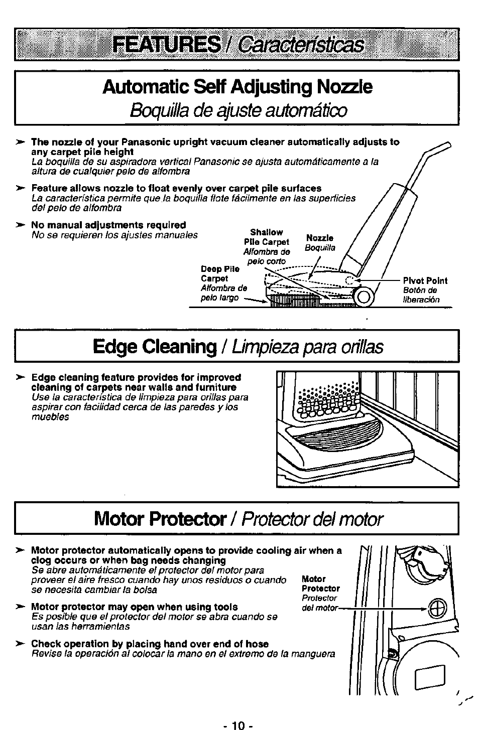 Automatic self adjusting nozzle, Edge cleaning, Motor protector | Boquilla de ajuste automático, Limpieza para orillas, Protector del motor | Panasonic MC-V7341 User Manual | Page 10 / 28