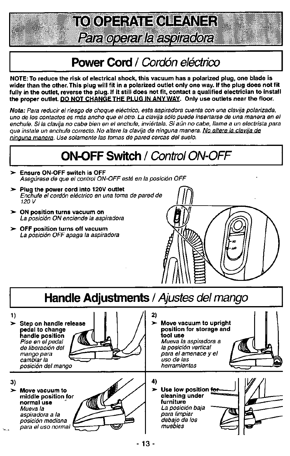 Power cord, On-off switch, Handle adjustments | Cordón eléctrico, Control on-off, Ajustes del mango | Panasonic MC-V7341 User Manual | Page 13 / 28