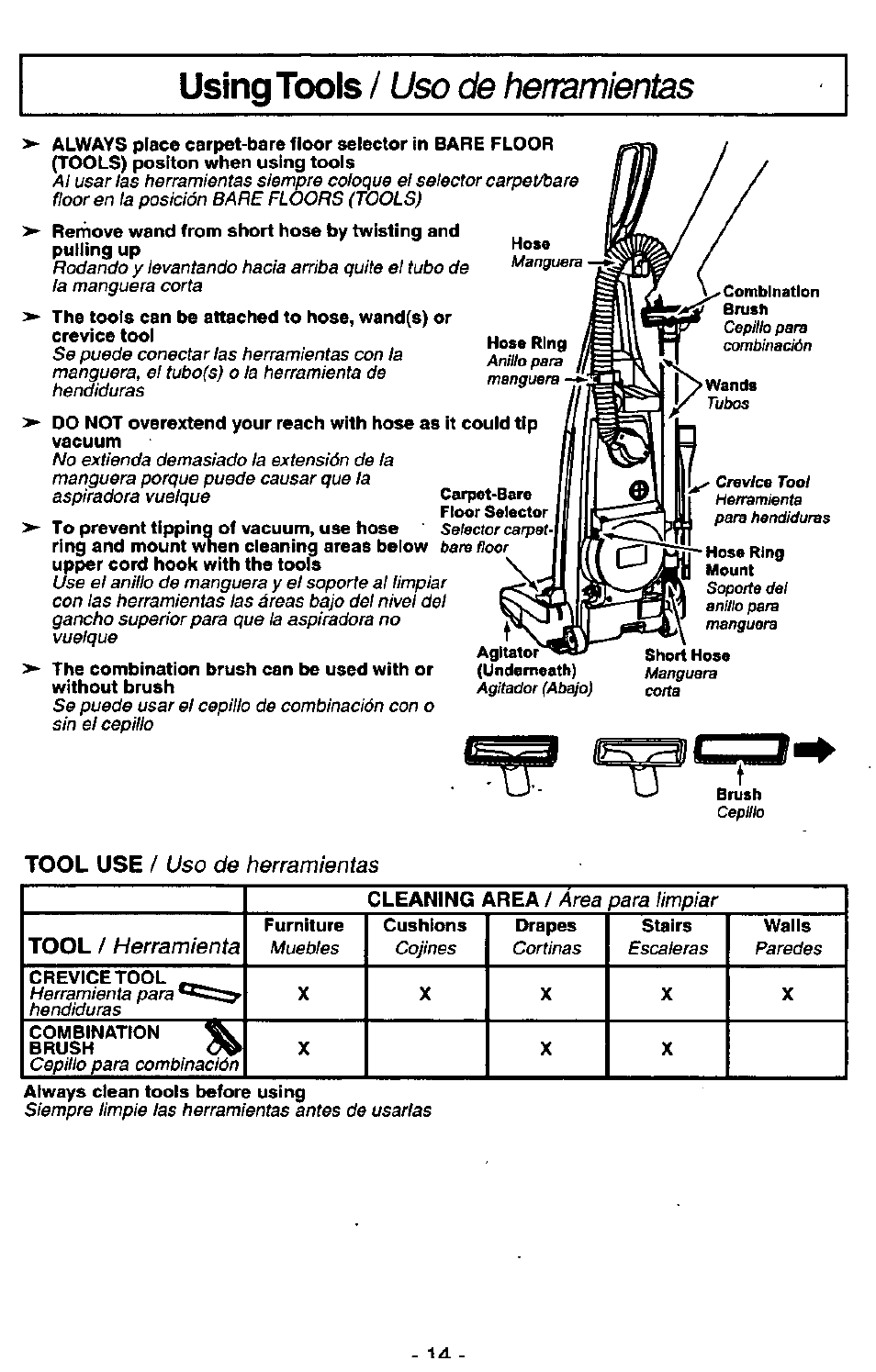 Using tools, Uso de herramientas, Tool use / uso de herramientas | Tool, Herramienta | Panasonic MC-V7341 User Manual | Page 14 / 28