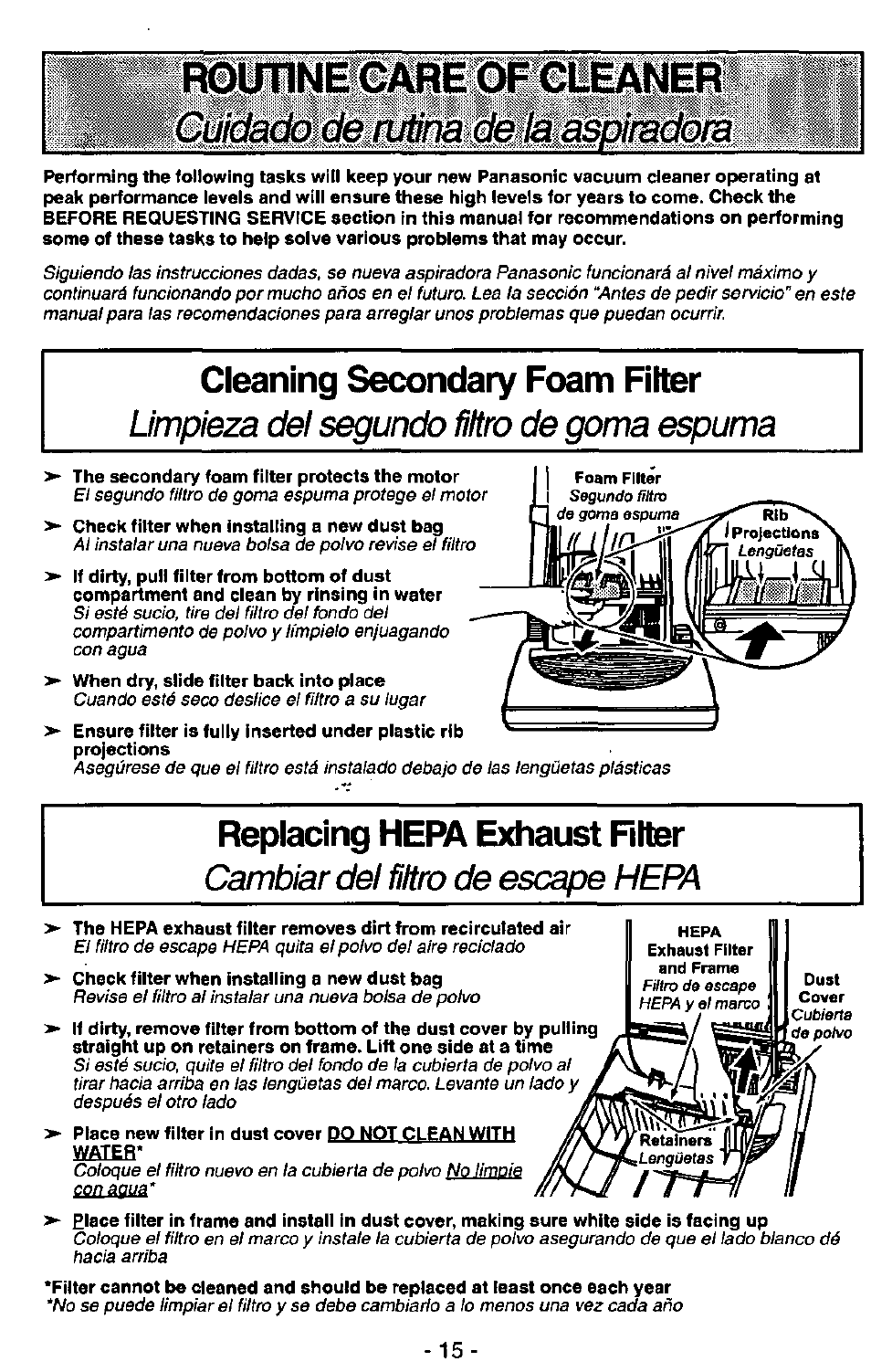 Routine^ carei^hialieii, Routine^ carei^hialieii ciji^ de fiánm^^rndo, Cleaning secondary foam filter | Replacing hepa exhaust filter, Limpieza del segundo filtro de goma espuma, Cambiar del futro de escape hepa | Panasonic MC-V7341 User Manual | Page 15 / 28