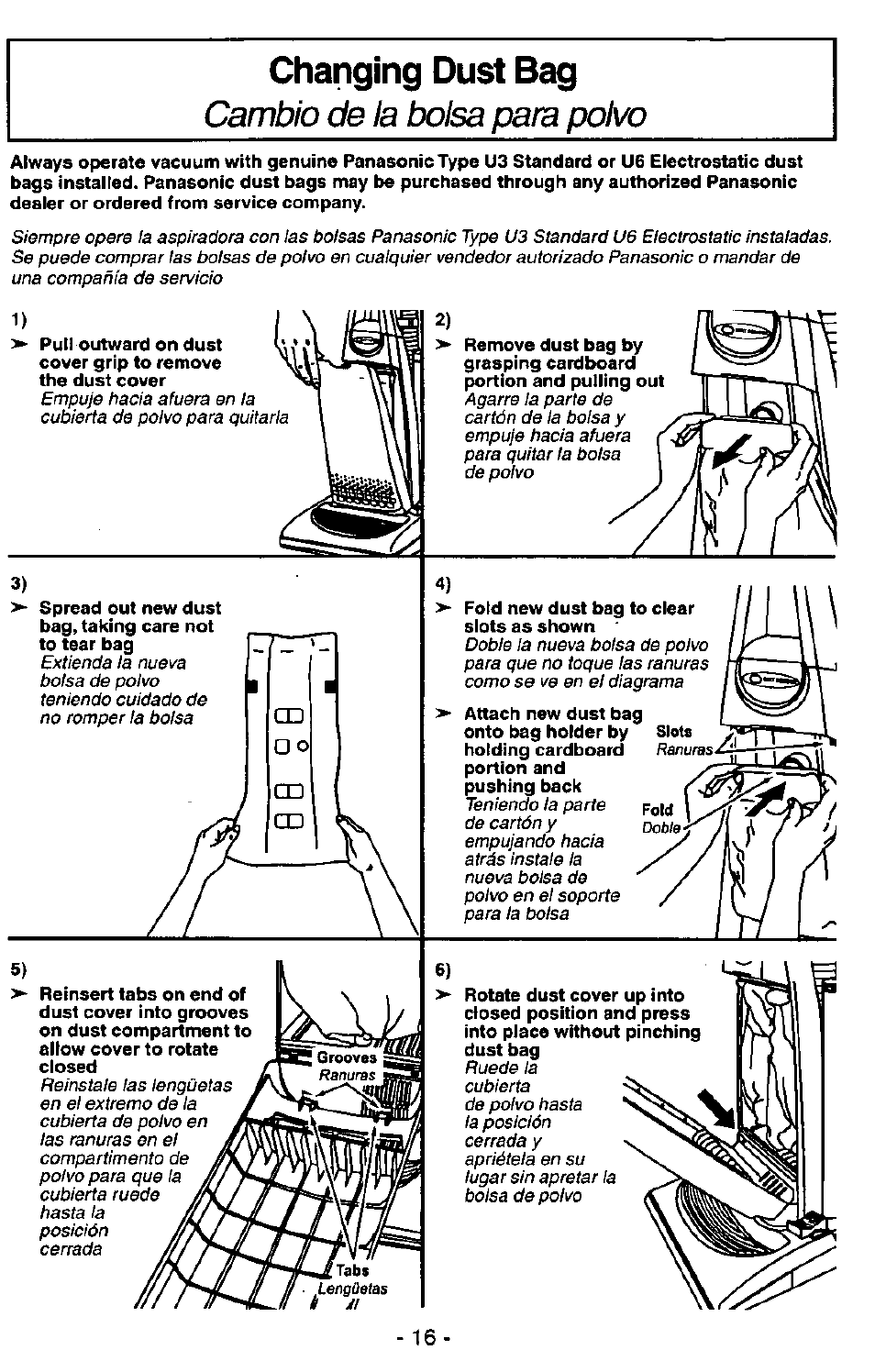 Changing dust bag, Cambio de la bolsa para polvo | Panasonic MC-V7341 User Manual | Page 16 / 28