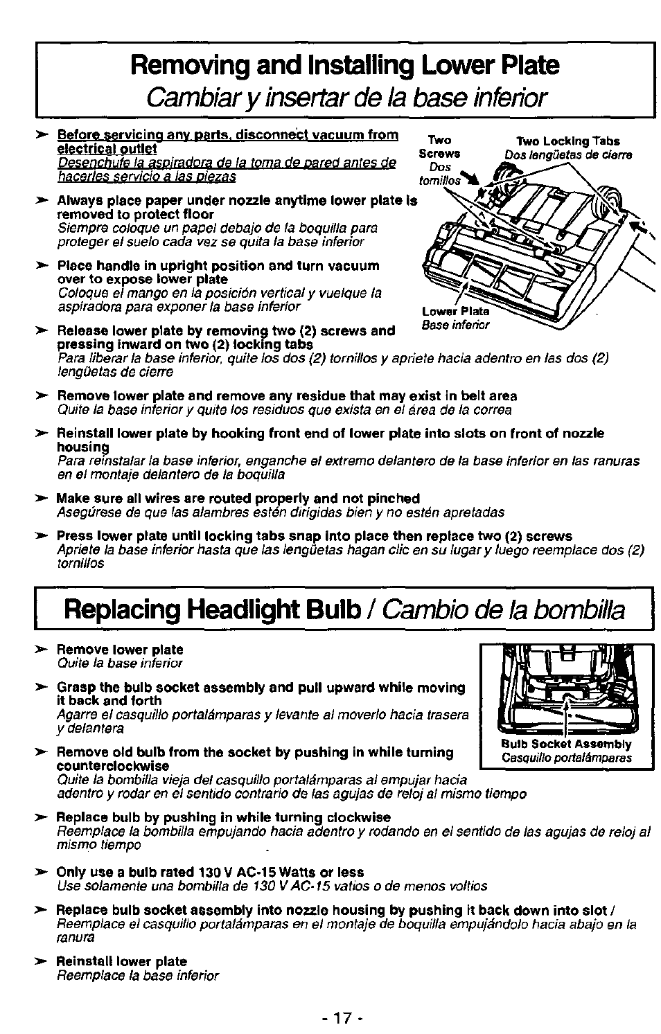 Removing and installing lower plate, Replacing headlight bulb, Cambiar y insertar de ia base inferior | Cambio de ia bombilla | Panasonic MC-V7341 User Manual | Page 17 / 28