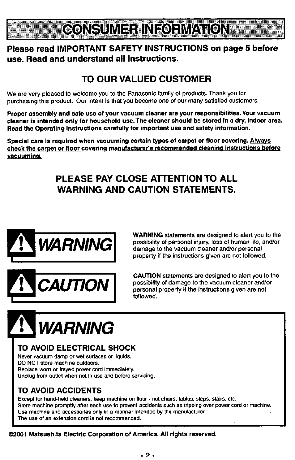 Consumer informaik»l, Awarning, Caution | Warning | Panasonic MC-V7341 User Manual | Page 2 / 28