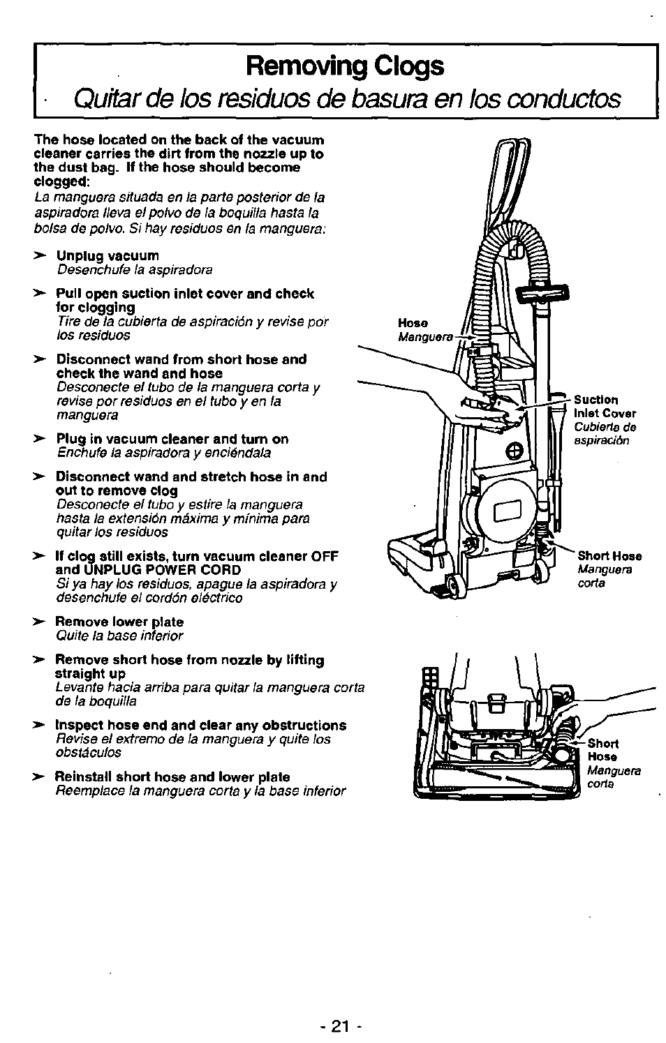 Removing clogs, Quitar de los residuos de basura en los conductos | Panasonic MC-V7341 User Manual | Page 21 / 28