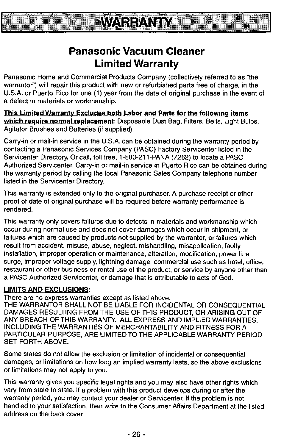 Limits and exclusions, Kw^rraiw, Panasonic vacuum cleaner limited warranty | Panasonic MC-V7341 User Manual | Page 26 / 28