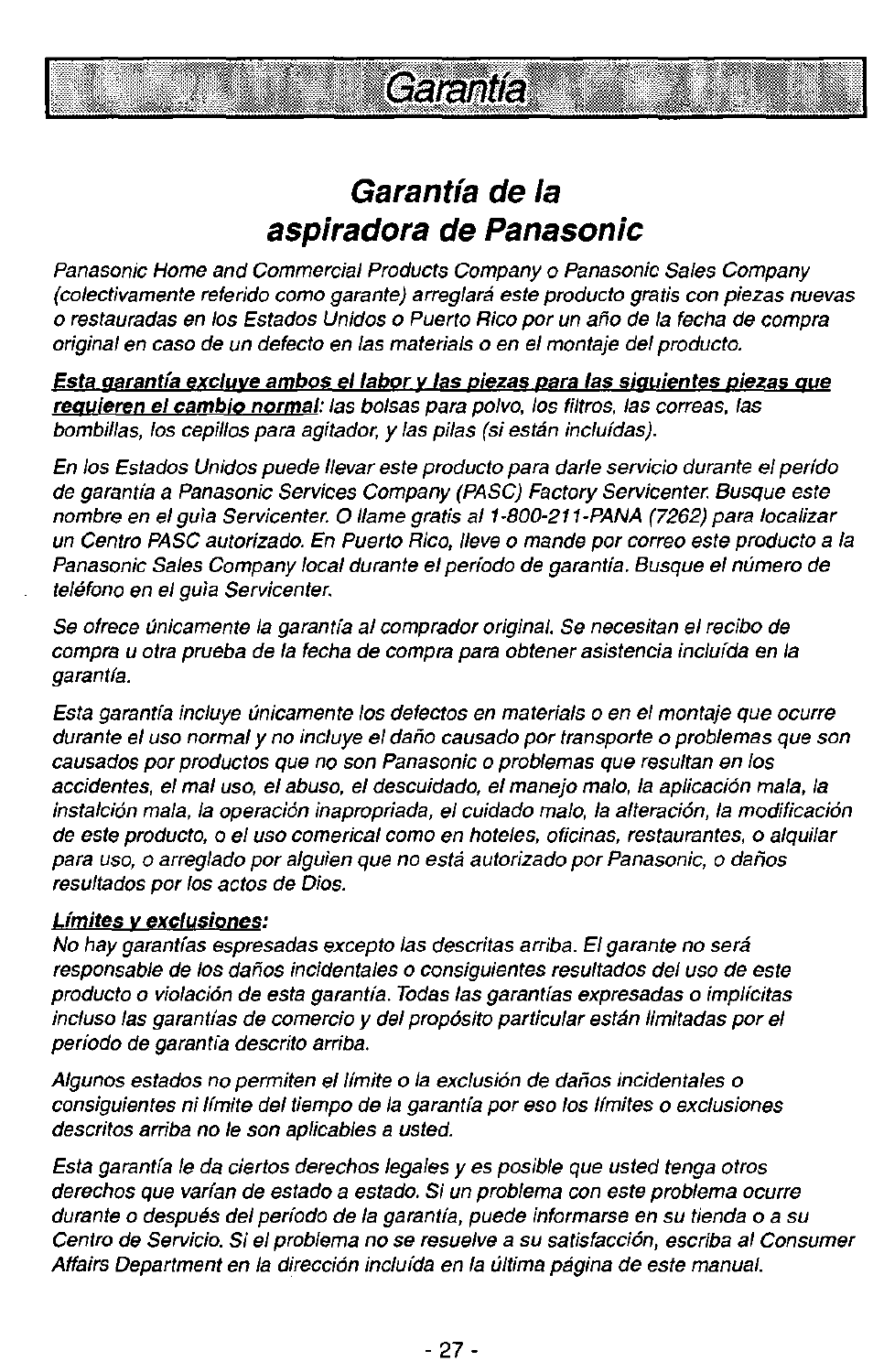 Garantía de la aspiradora de panasonic | Panasonic MC-V7341 User Manual | Page 27 / 28