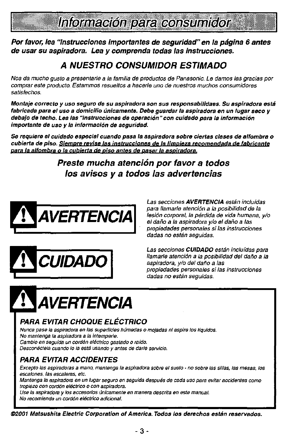 Información pàfàbónsumidor, Aavertencia a cuidado, Avertencia | A nuestro consumidor estimado | Panasonic MC-V7341 User Manual | Page 3 / 28