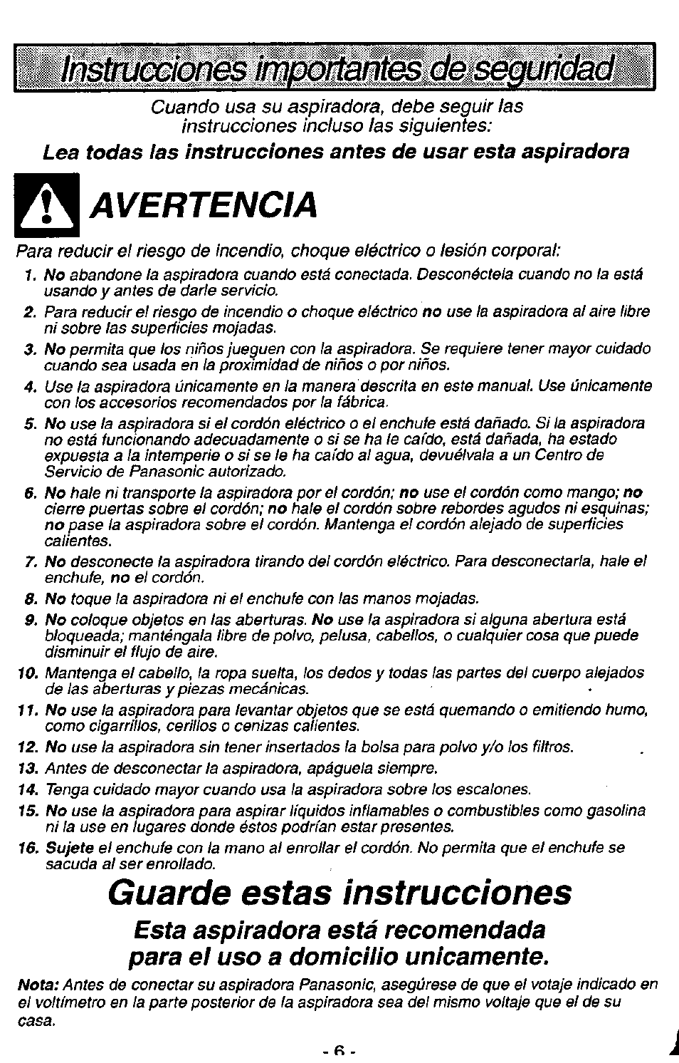 Avertencia, Guarde estas instrucciones, L^strumiofiæ immtía^^el&semndadi | Panasonic MC-V7341 User Manual | Page 6 / 28