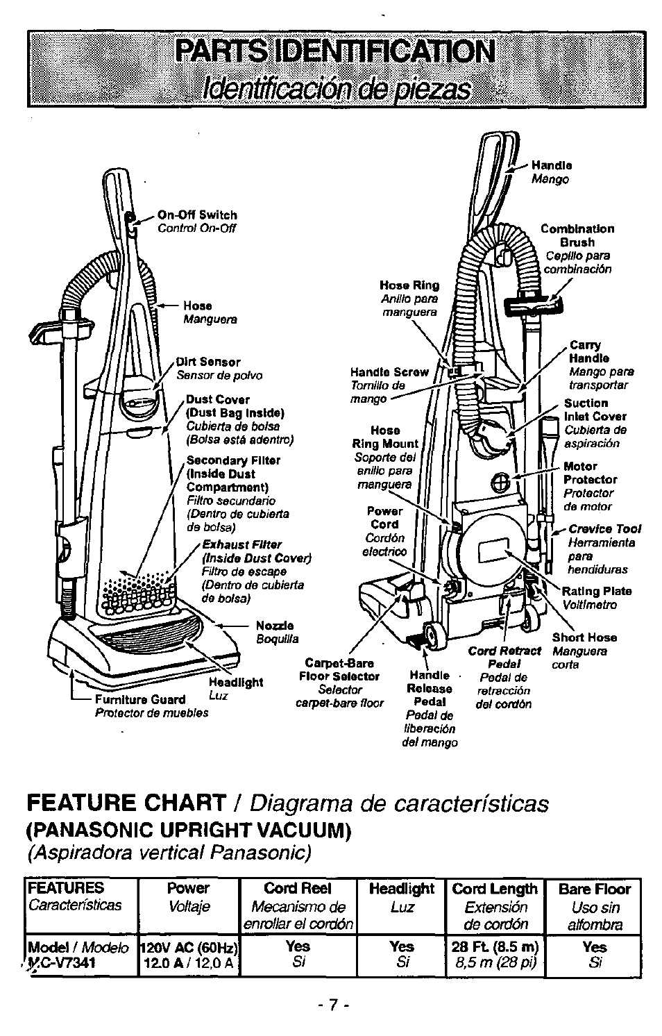 Parispefililotgtn, Lde0fícaa<wi6mezas, Feature chart / diagrama de características | Panasonic MC-V7341 User Manual | Page 7 / 28