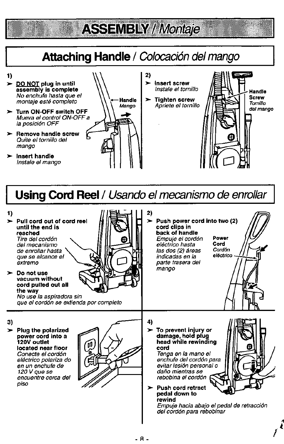 Assembìy / mont, Attaching handle, Using cord reel | Colocación del mango, Usando el mecanismo de enrollar | Panasonic MC-V7341 User Manual | Page 8 / 28