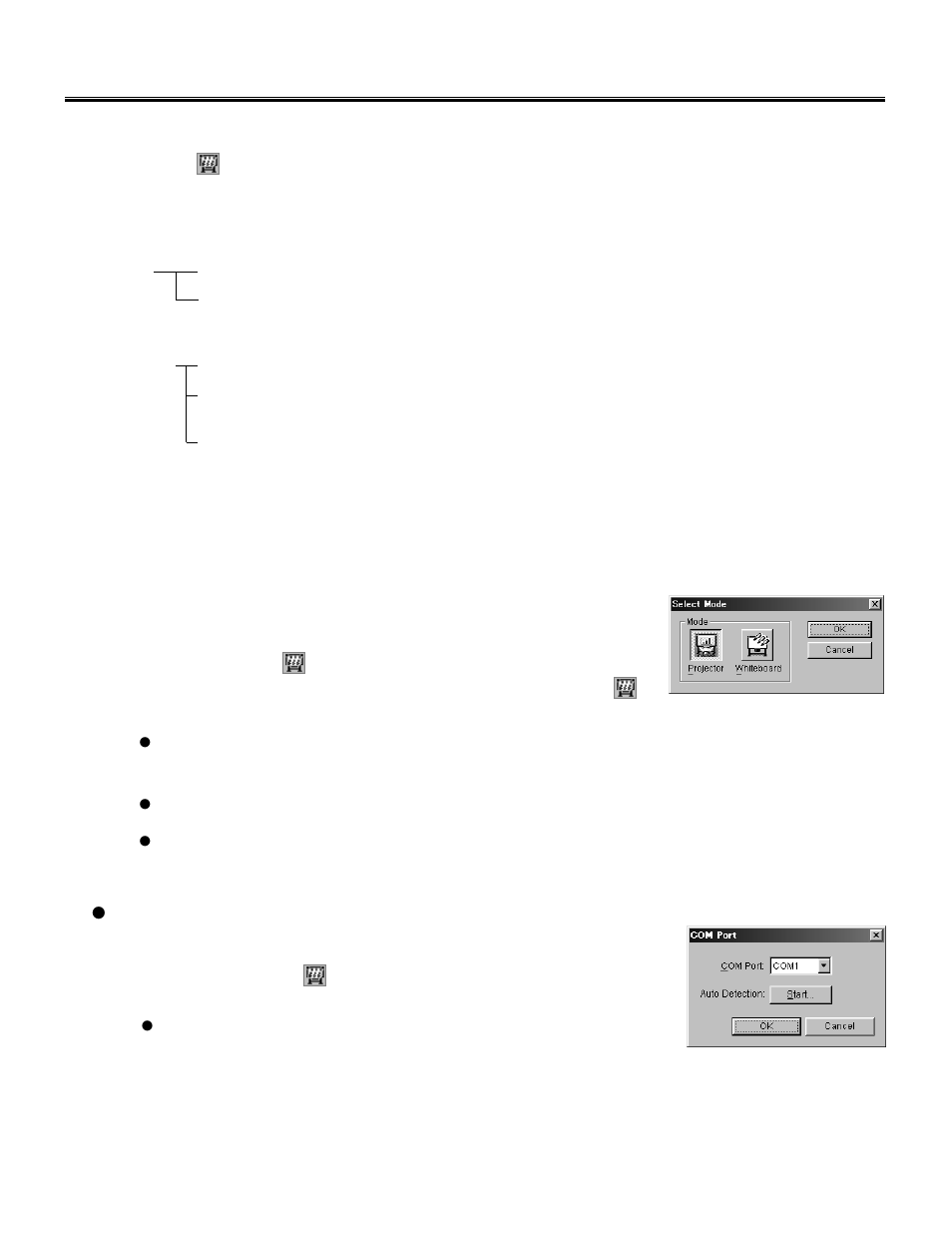 Switching the mode, Settings of the interactive panaboard software, Com port | Panasonic KX-BP800 User Manual | Page 30 / 86
