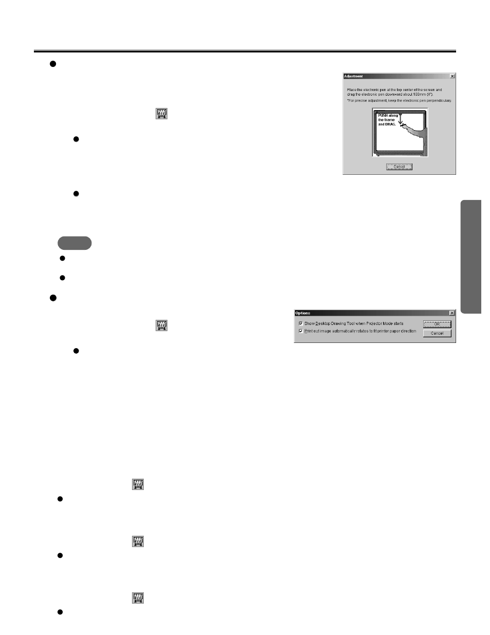 Adjustment, Options, Reference the help | Exiting the interactive panaboard software, Using the interactive panaboard software | Panasonic KX-BP800 User Manual | Page 31 / 86