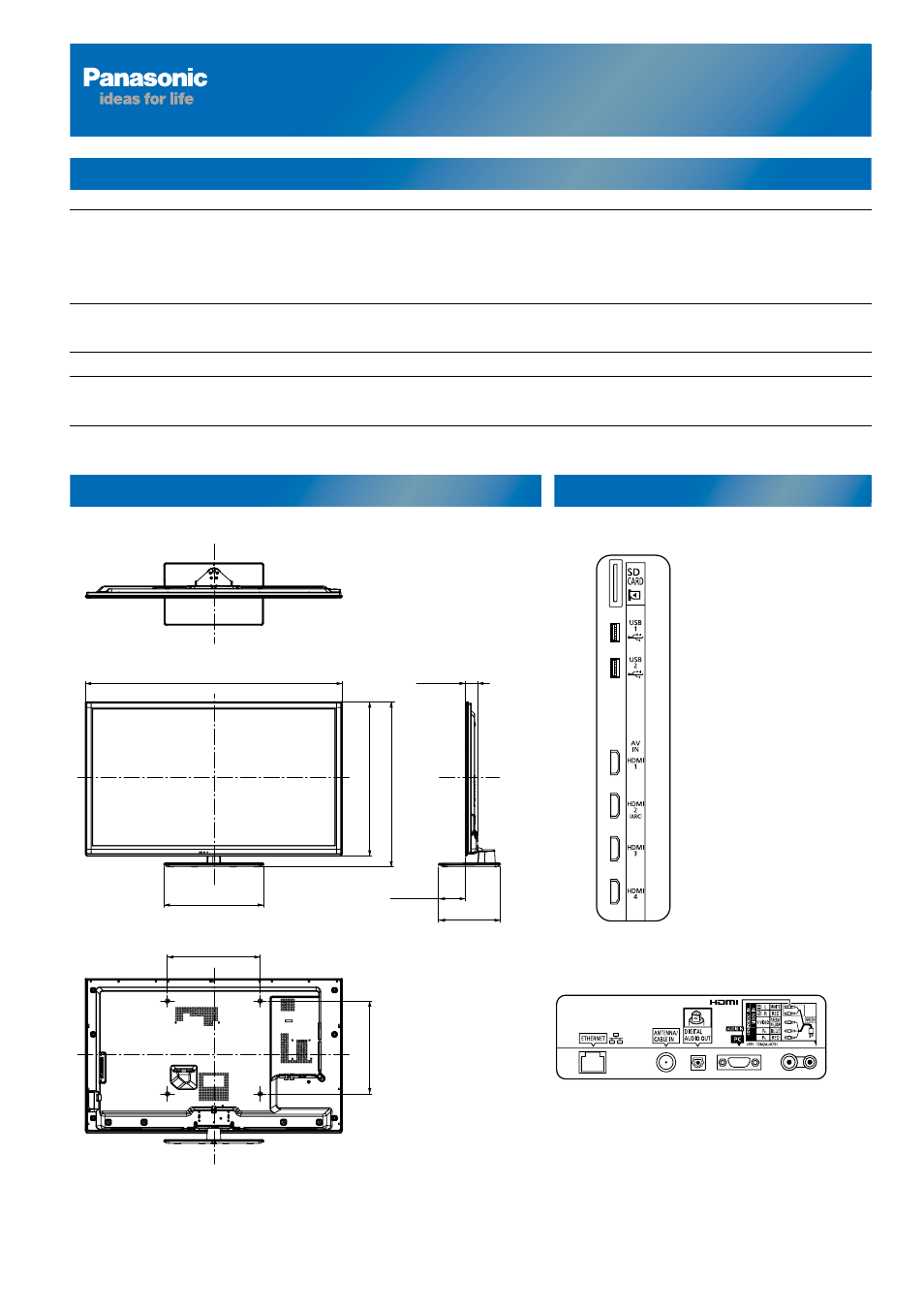 Detailed specification sheet for tc-47le54, Tc-47le54, Specifications dimensions jacks | 47" lcd hdtv | Panasonic 47/55 CLASS 1080P LCD HDTV TC-47LE54 User Manual | Page 22 / 24