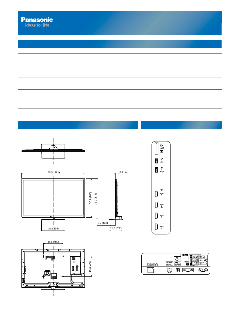 Detailed specification sheet for tc-55le54, Tc-55le54, Specifications dimensions jacks | 55" lcd hdtv | Panasonic 47/55 CLASS 1080P LCD HDTV TC-47LE54 User Manual | Page 23 / 24