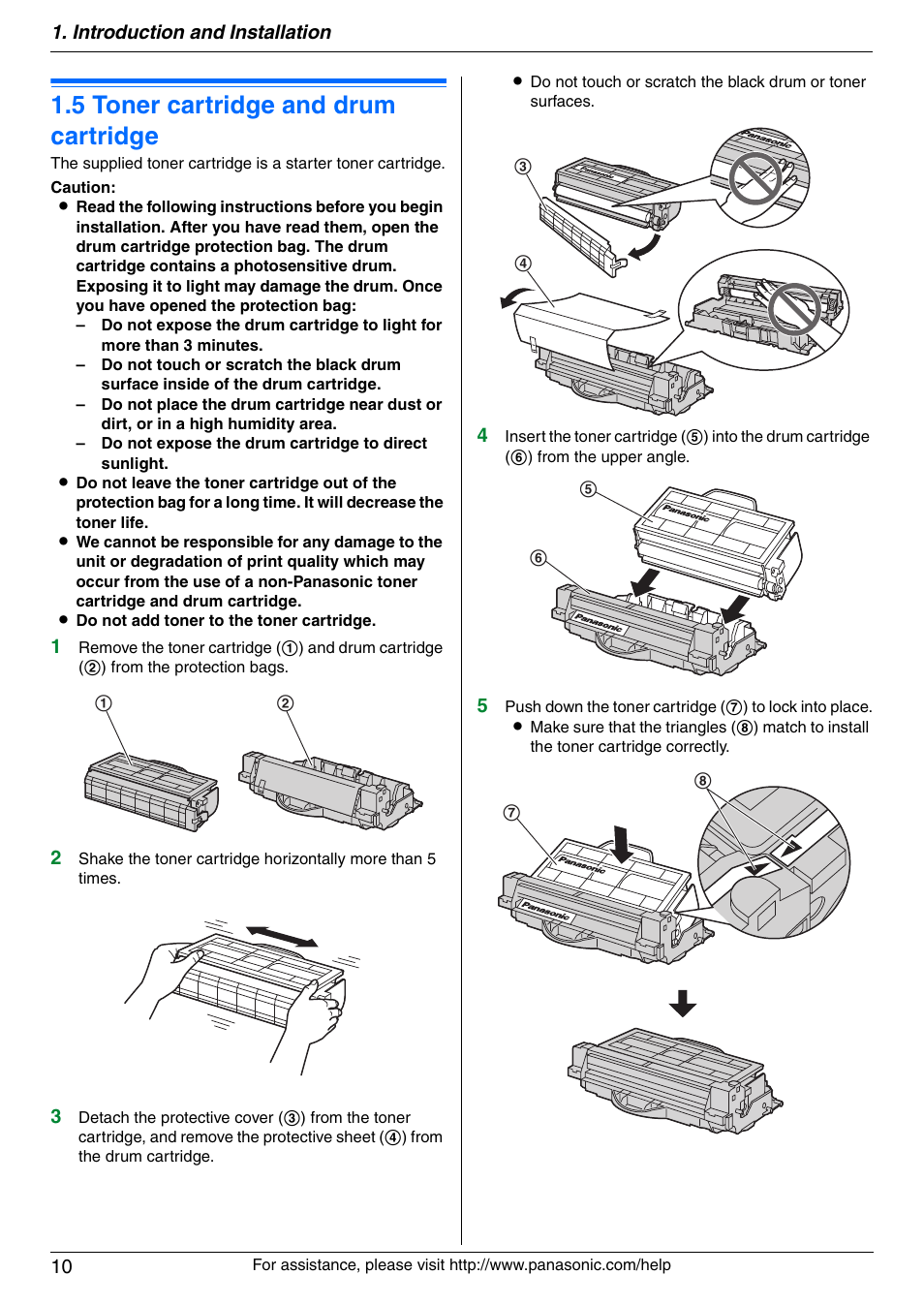 Installation, 5 toner cartridge and drum cartridge, Toner cartridge and drum cartridge | 5 toner cartridge and drum cartridge | Panasonic KX-MB3020 User Manual | Page 10 / 116