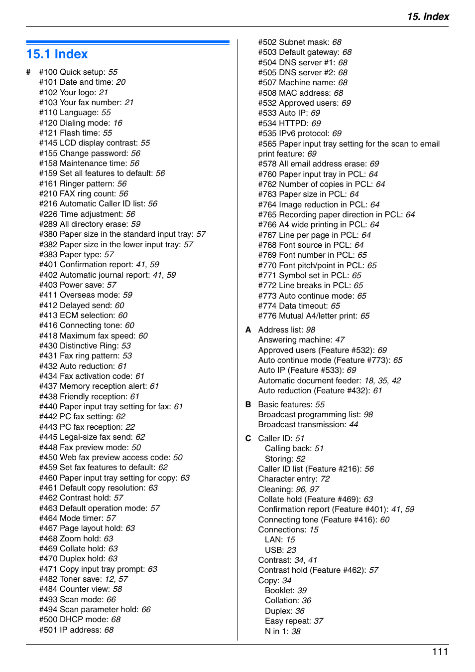 Index, 1 index, Index 111 | Panasonic KX-MB3020 User Manual | Page 111 / 116