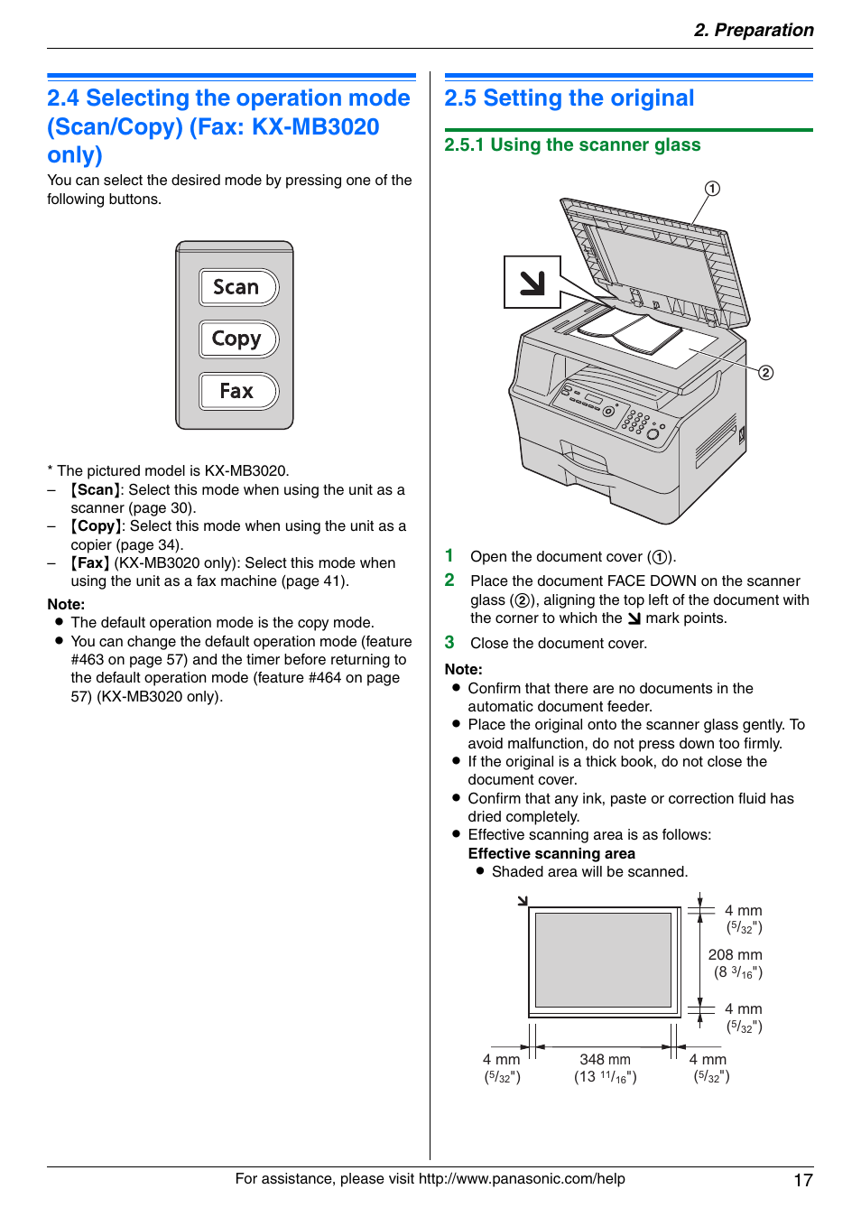 Document requirements, 5 setting the original, Setting the original | 5 setting the original, Preparation 17, 1 using the scanner glass 1 | Panasonic KX-MB3020 User Manual | Page 17 / 116