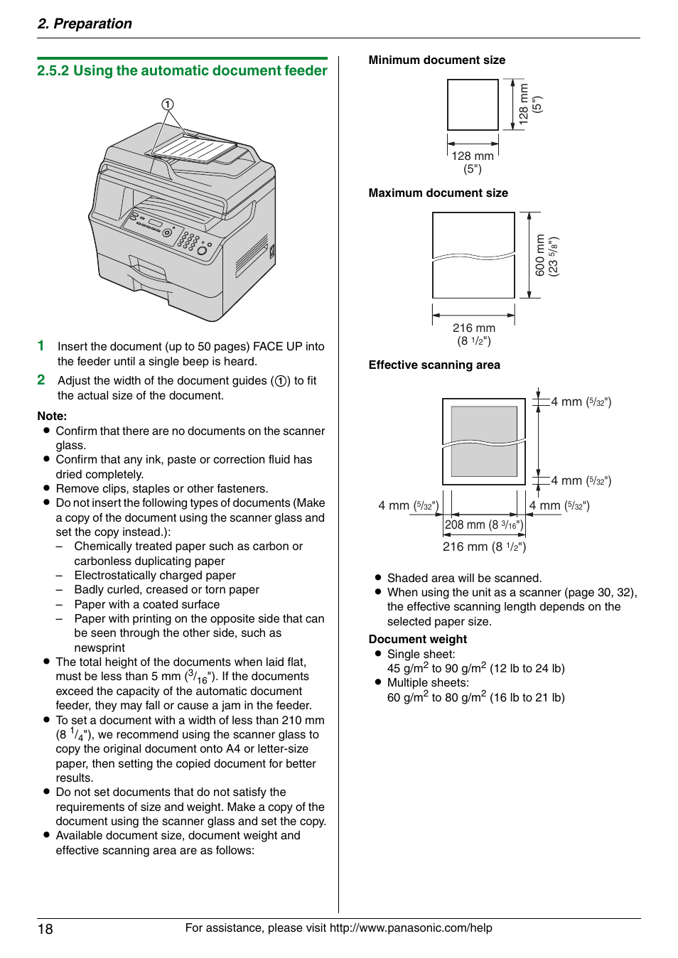 Preparation 18, 2 using the automatic document feeder 1 | Panasonic KX-MB3020 User Manual | Page 18 / 116