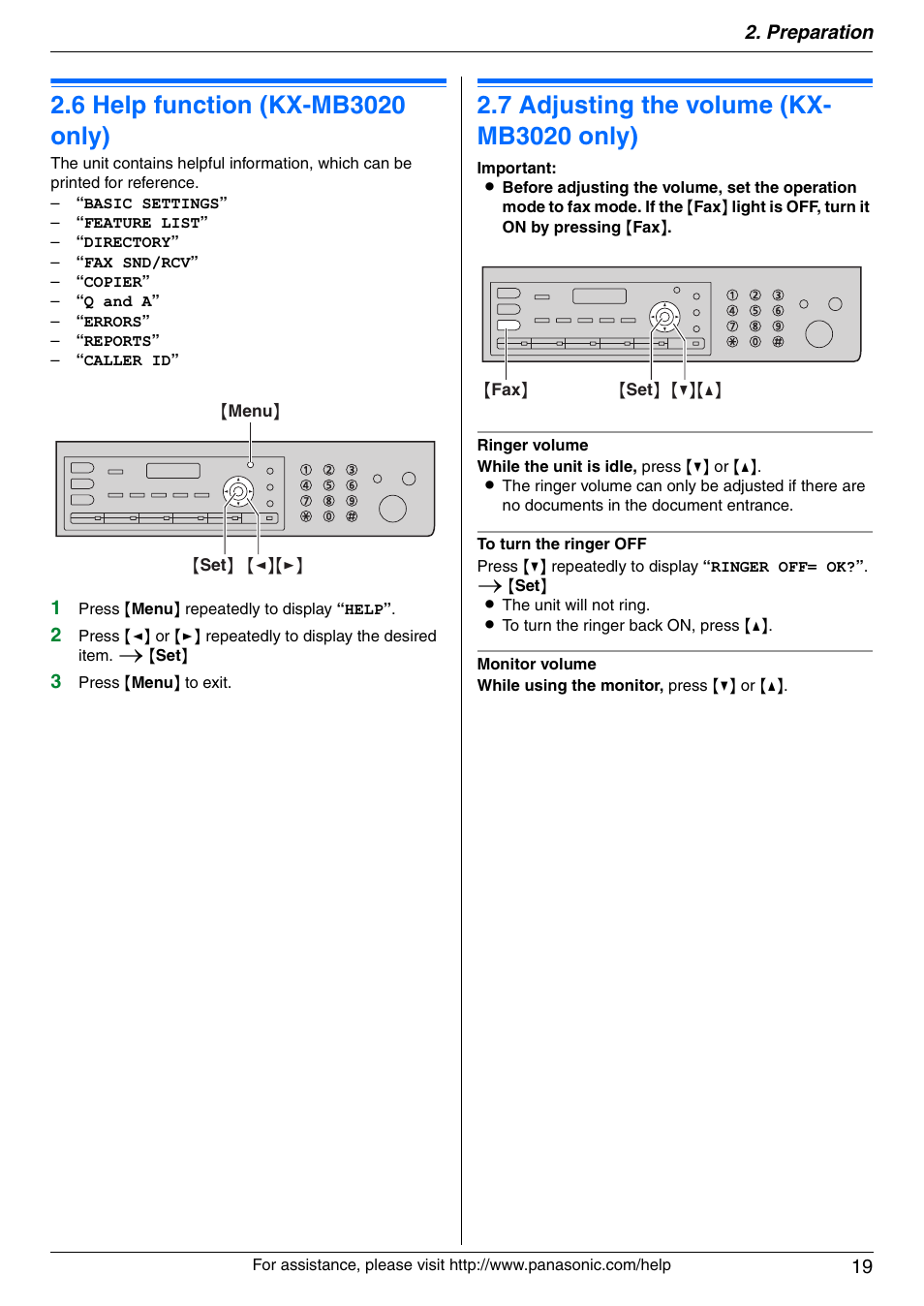 Help, 6 help function (kx-mb3020 only), Volume | 7 adjusting the volume (kx- mb3020 only), Help function (kx-mb3020 only), Adjusting the volume (kx-mb3020 only), Preparation 19 | Panasonic KX-MB3020 User Manual | Page 19 / 116