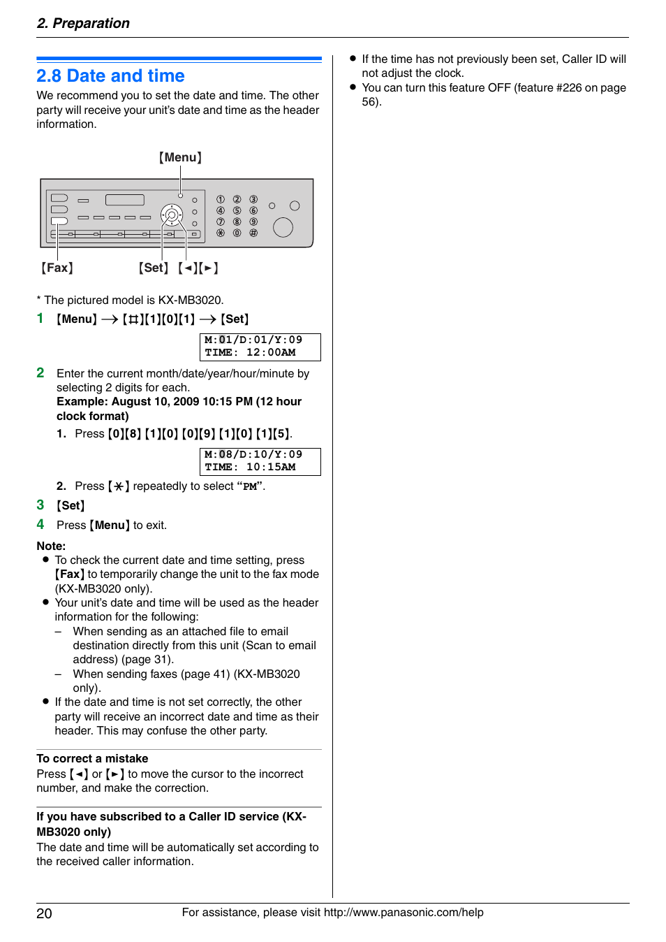 Initial programming, 8 date and time, Date and time | 8 date and time, Preparation 20 | Panasonic KX-MB3020 User Manual | Page 20 / 116
