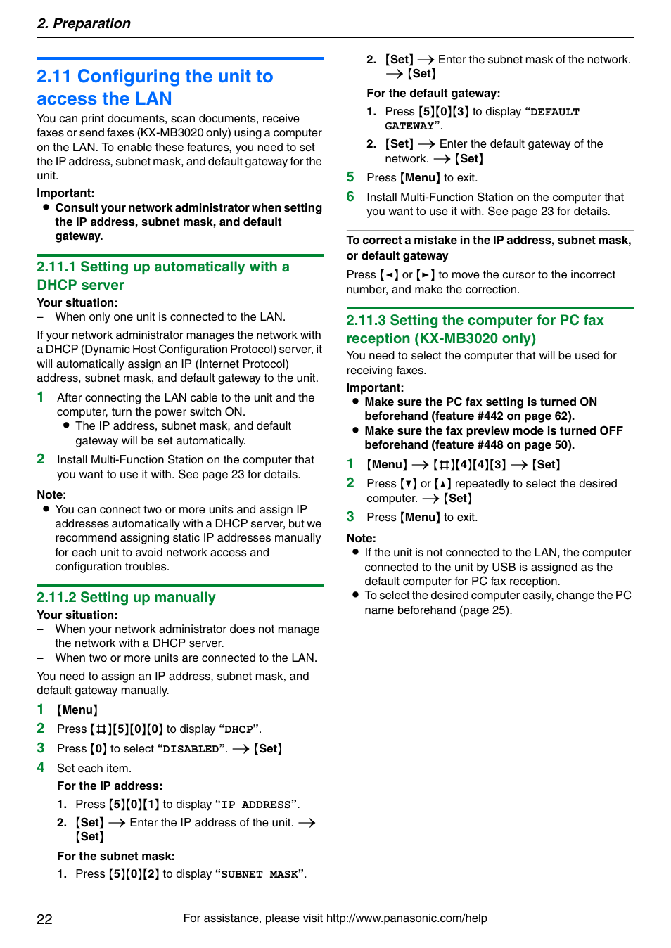 11 configuring the unit to access the lan, Configuring the unit to access the lan, 11 configuring the unit to access the lan | Panasonic KX-MB3020 User Manual | Page 22 / 116