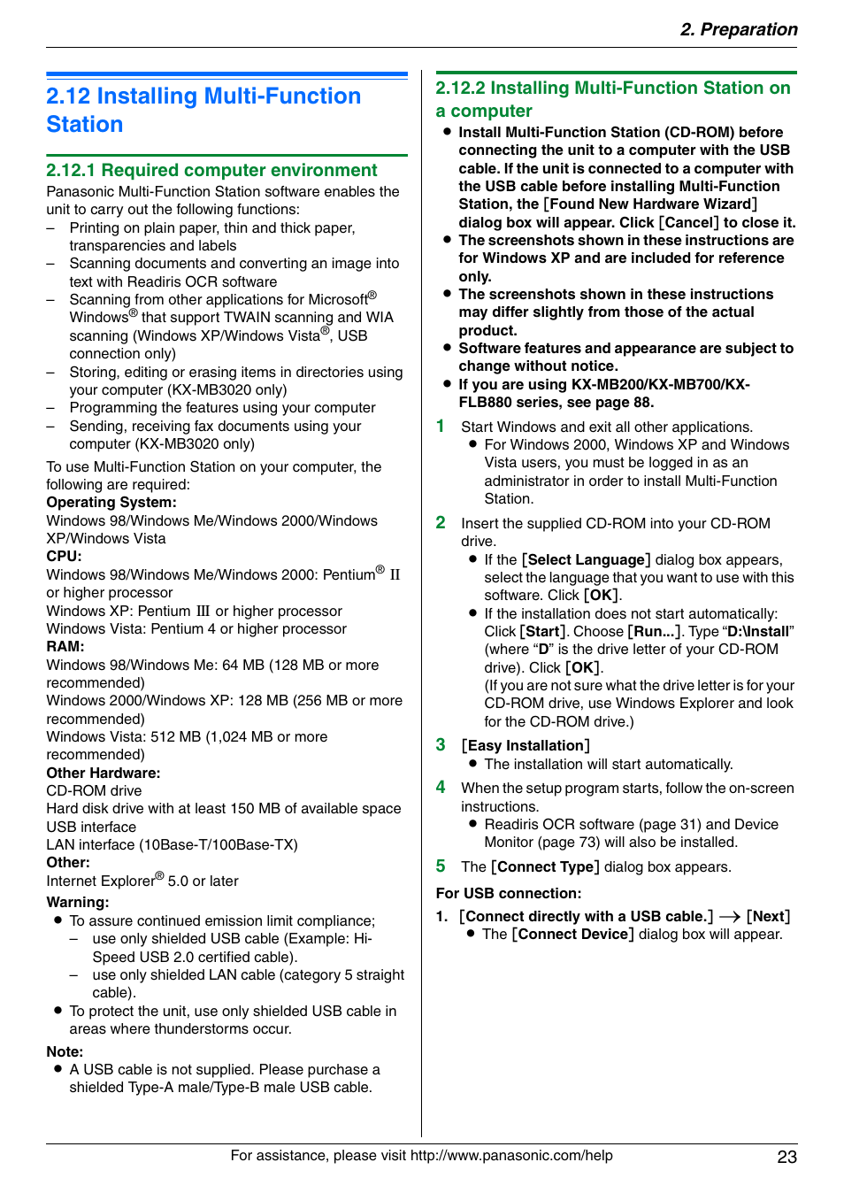 12 installing multi-function station, Installing multi-function station, 12 installing multi-function station | Preparation 23, 1 required computer environment, 2 installing multi-function station on a computer | Panasonic KX-MB3020 User Manual | Page 23 / 116