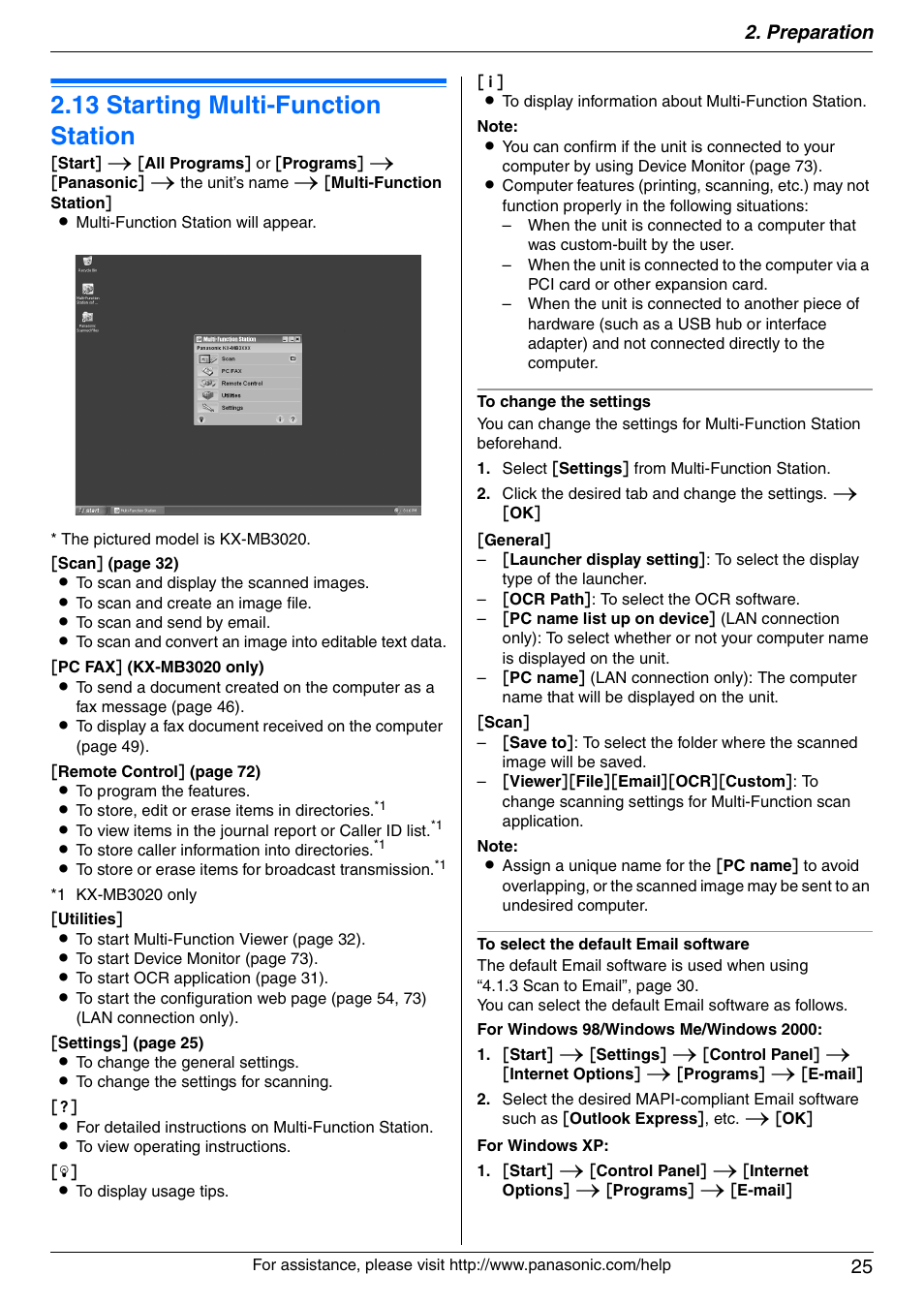 13 starting multi-function station, Starting multi-function station, 13 starting multi-function station | Preparation 25 | Panasonic KX-MB3020 User Manual | Page 25 / 116