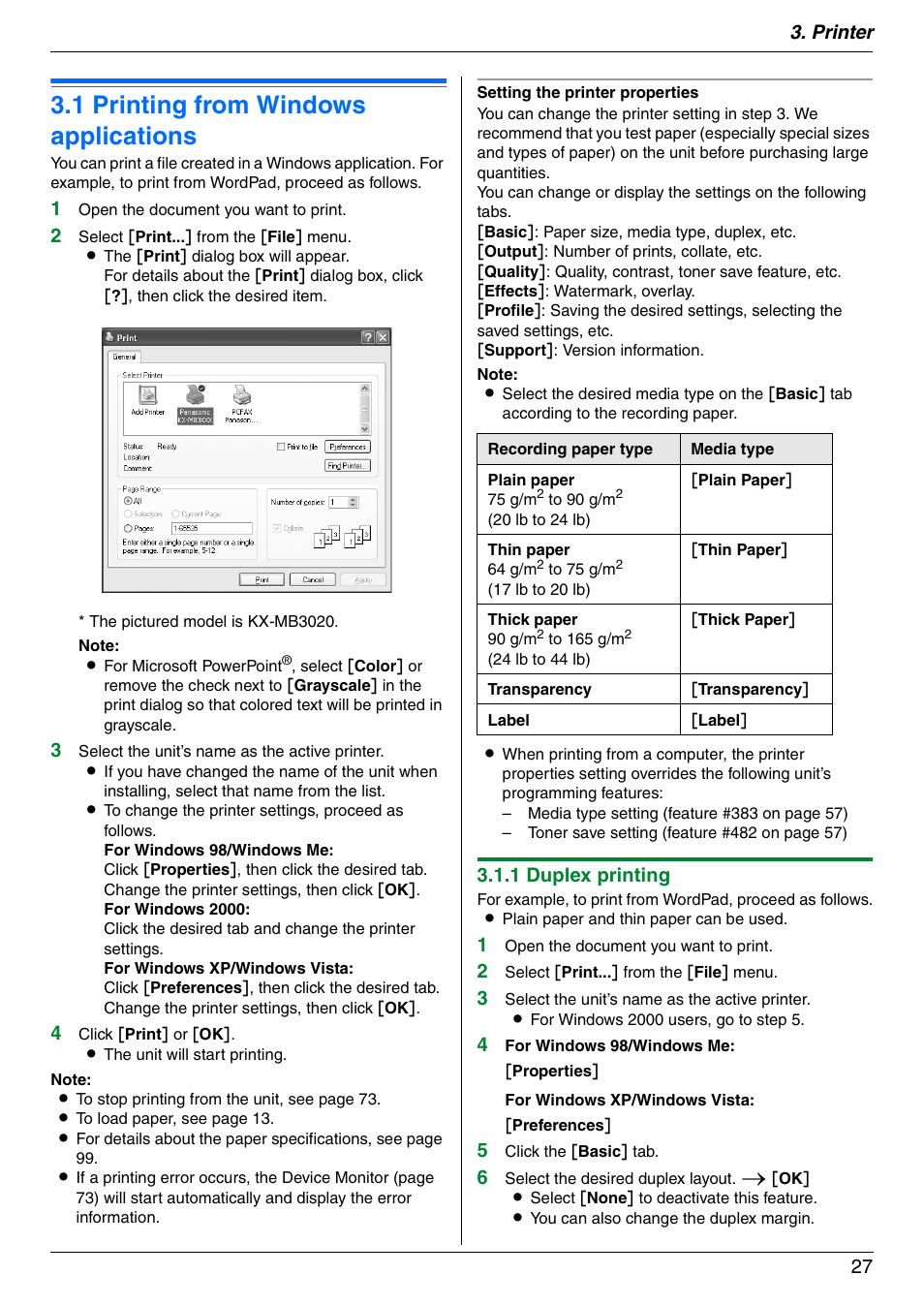 Printer, 1 printing from windows applications, Printing from windows applications | 1 printing from windows applications, Printer 27, 1 duplex printing | Panasonic KX-MB3020 User Manual | Page 27 / 116