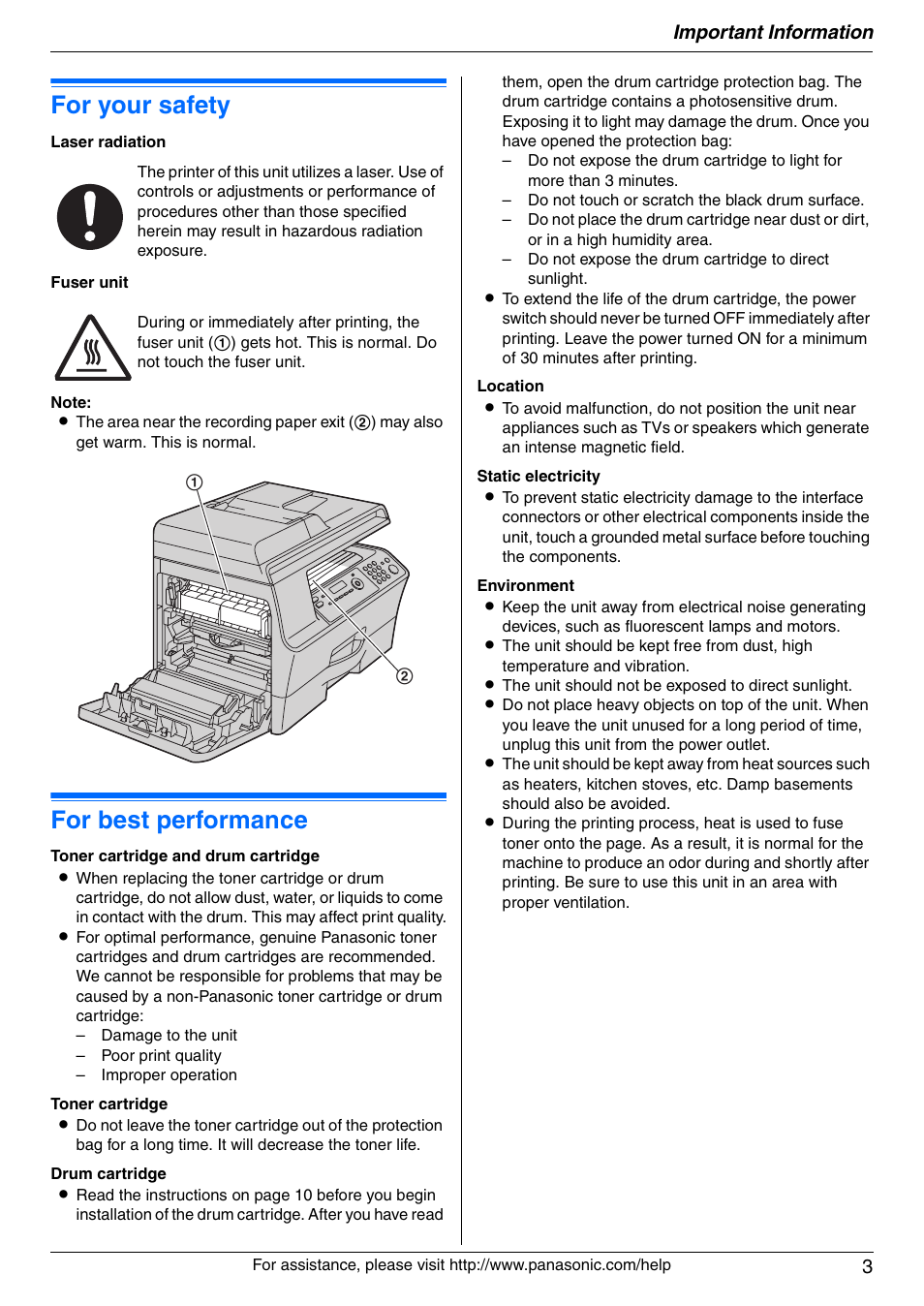 Important information, For your safety, For best performance | Important information 3 | Panasonic KX-MB3020 User Manual | Page 3 / 116
