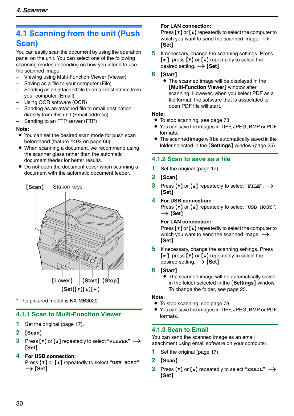 Scanner, 1 scanning from the unit (push scan), Scanning from the unit (push scan) | 1 scanning from the unit (push scan) | Panasonic KX-MB3020 User Manual | Page 30 / 116