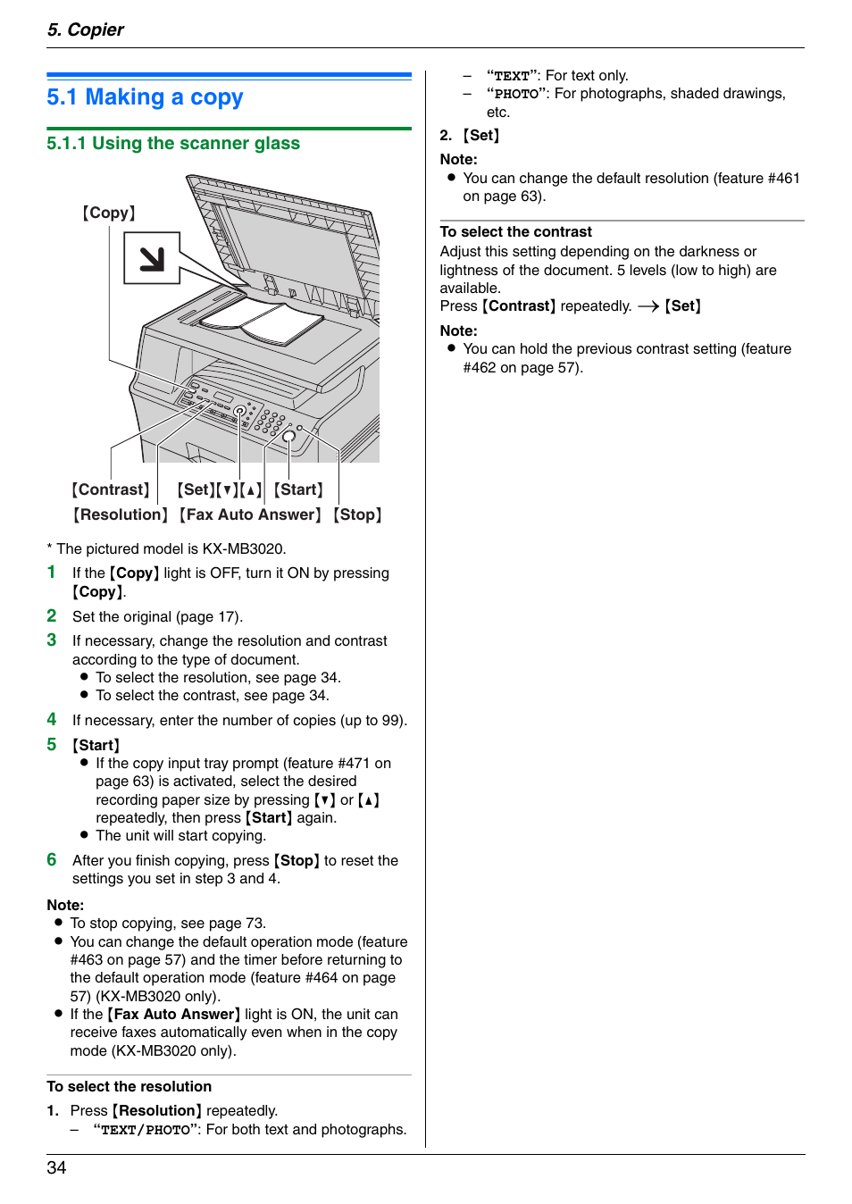 Copier, Copy, 1 making a copy | Making a copy, 1 making a copy, Copier 34, 1 using the scanner glass | Panasonic KX-MB3020 User Manual | Page 34 / 116