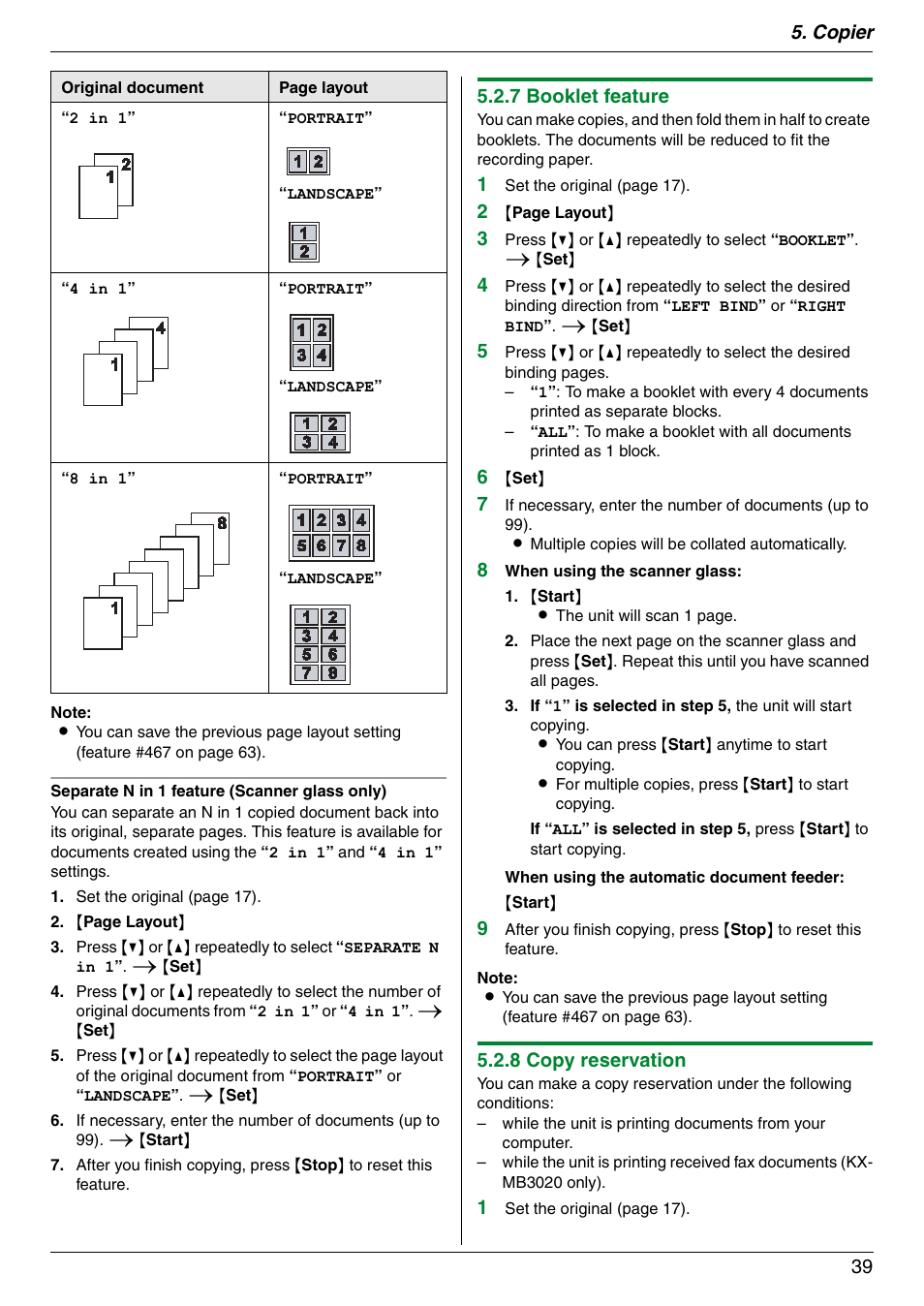 Copier 39, 7 booklet feature, 8 copy reservation | Panasonic KX-MB3020 User Manual | Page 39 / 116