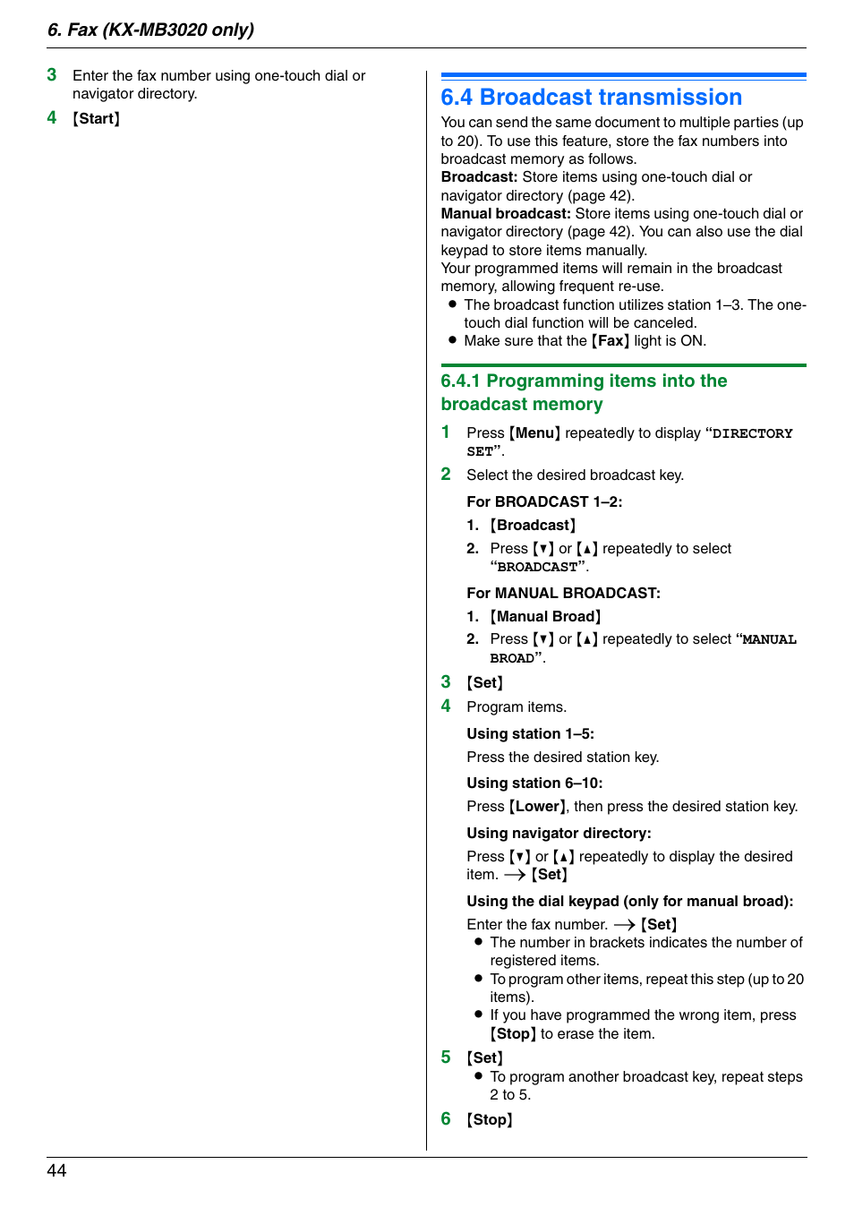 4 broadcast transmission, Broadcast transmission, 4 broadcast transmission | Panasonic KX-MB3020 User Manual | Page 44 / 116