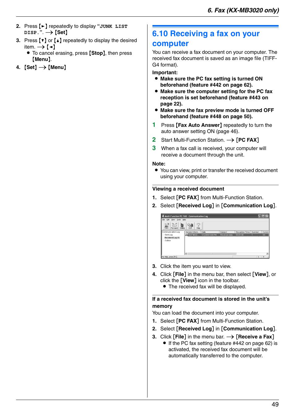 10 receiving a fax on your computer, Receiving a fax on your computer, 10 receiving a fax on your computer | Panasonic KX-MB3020 User Manual | Page 49 / 116